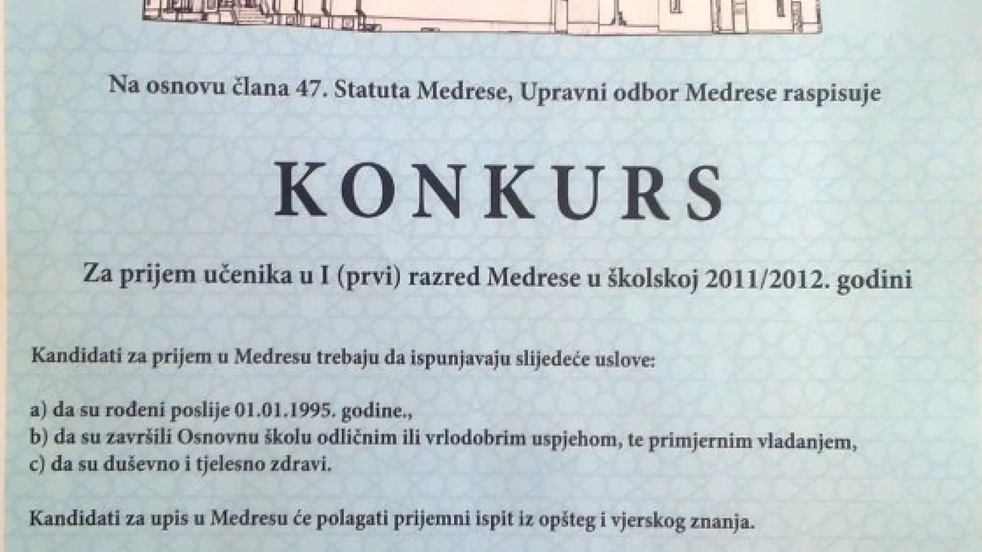 MEDRESA "MEHMED FATIH" U PODGORICI - KONKURS 2011/2012