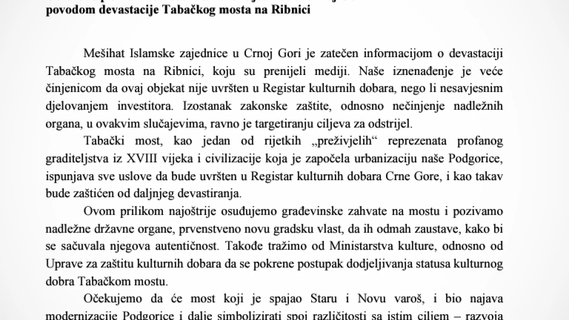 Otvoreno pismo Mešihata - zaustaviti devastaciju Tabačkog mosta