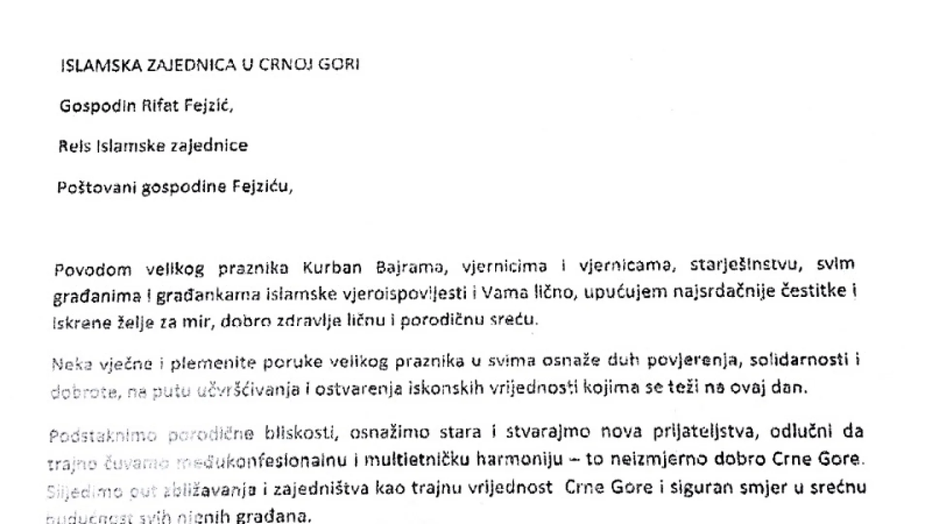 Predsjednik Crne Gore Filip Vujanović čestitao Bajram