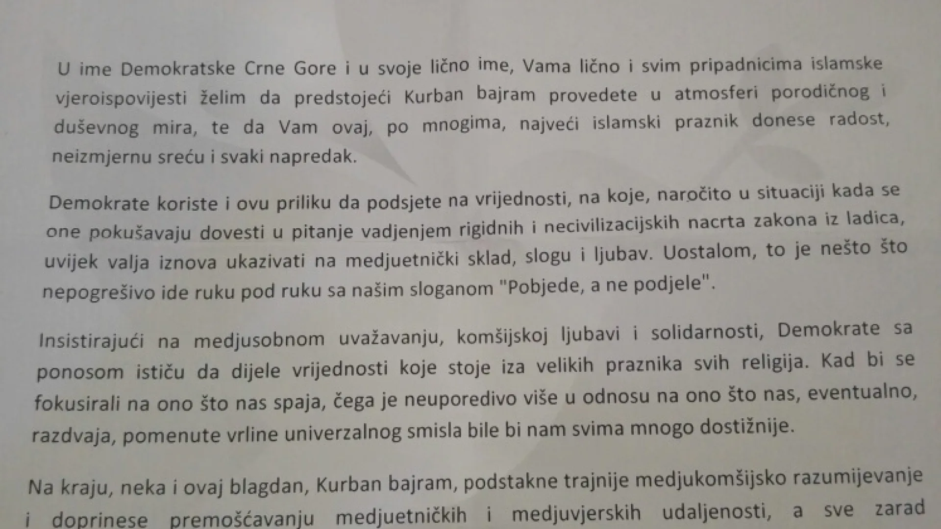 Demokratska Crna Gora čestitala Bajram