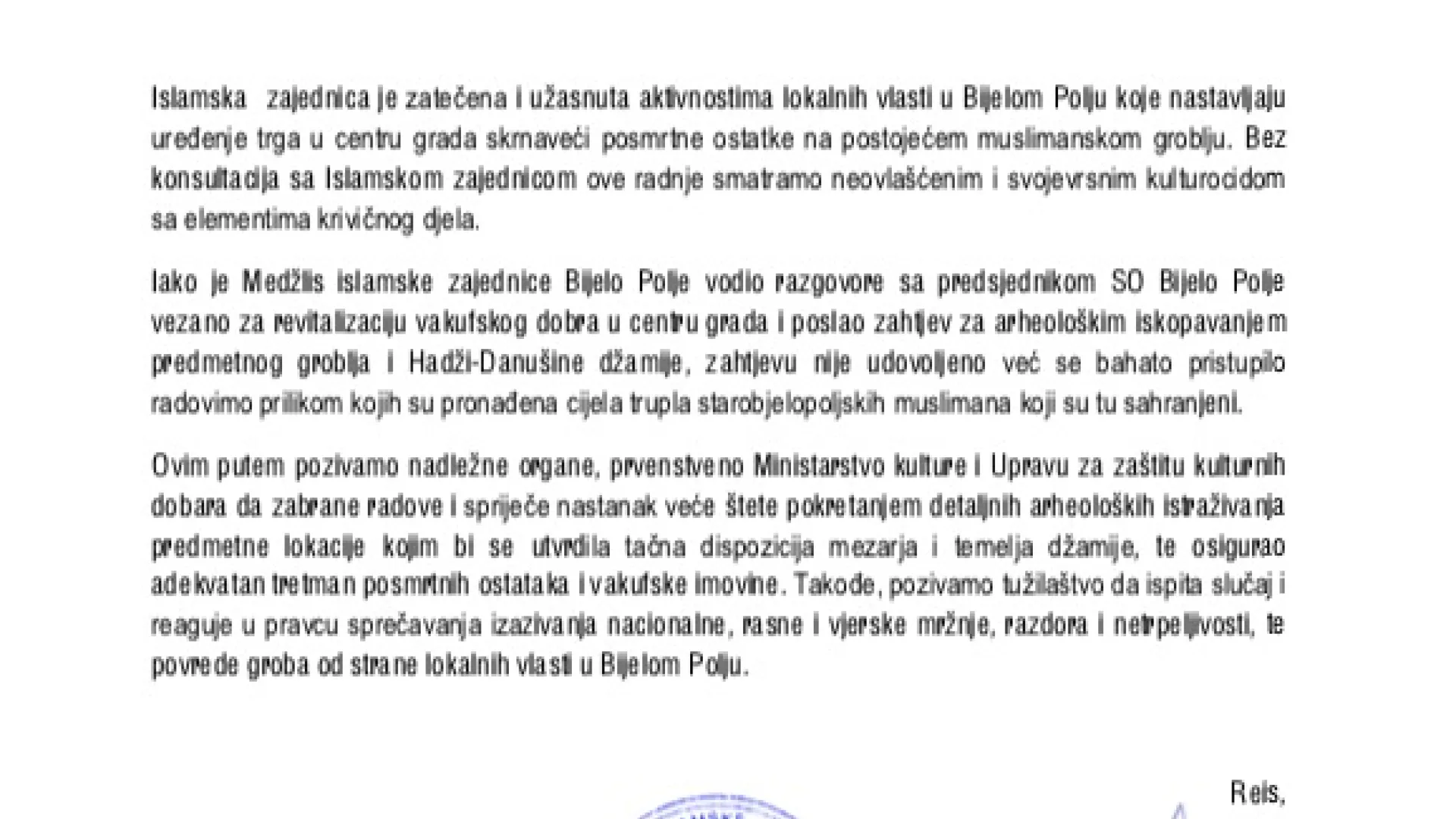 Reagovanje Mešihata povodom prekopavanja muslimanskog groblja u Bijelom Polju