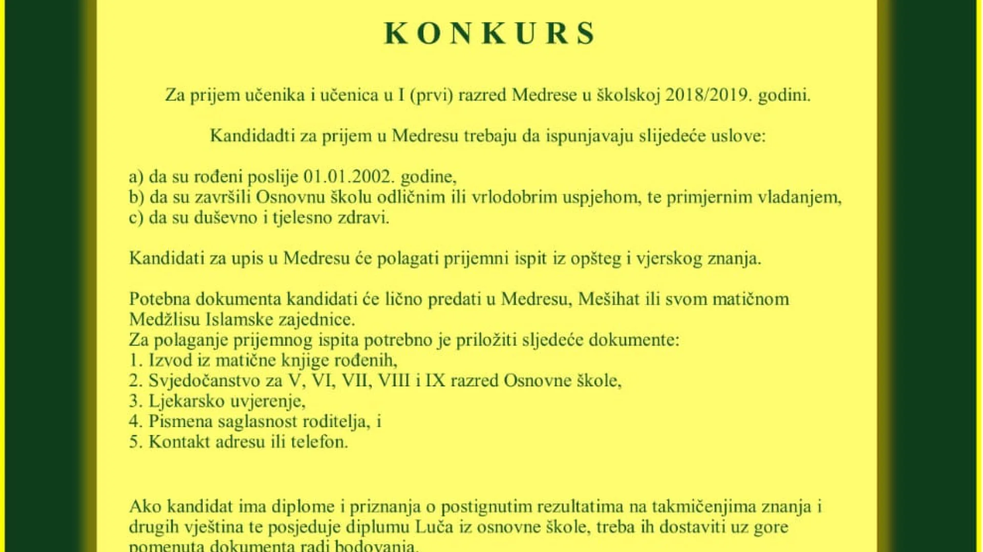 RASPISAN KONKURS ZA UPIS U MEDRESU