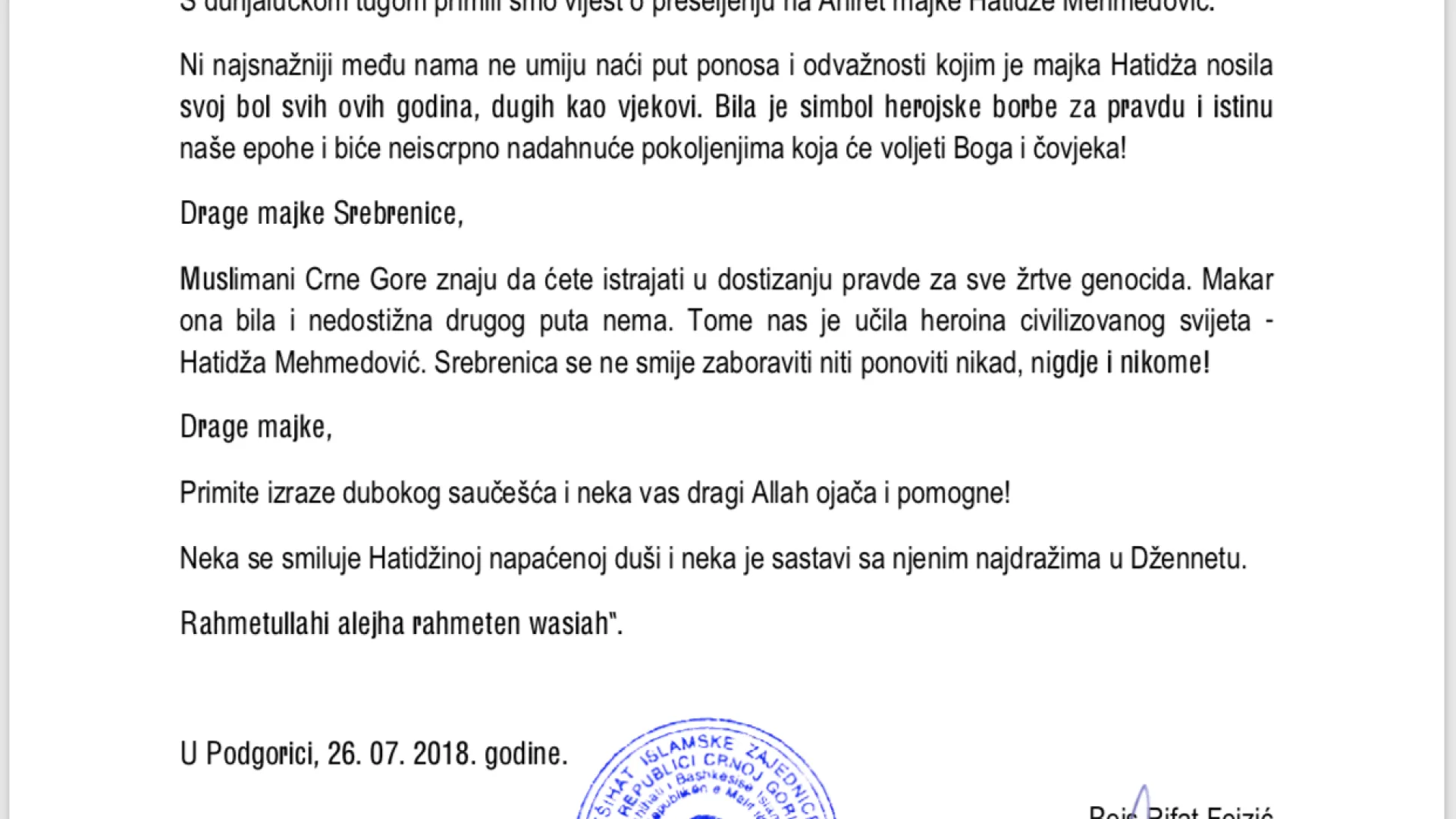 HATARNAMA UDRUŽENJU “MAJKE SREBRENICE”