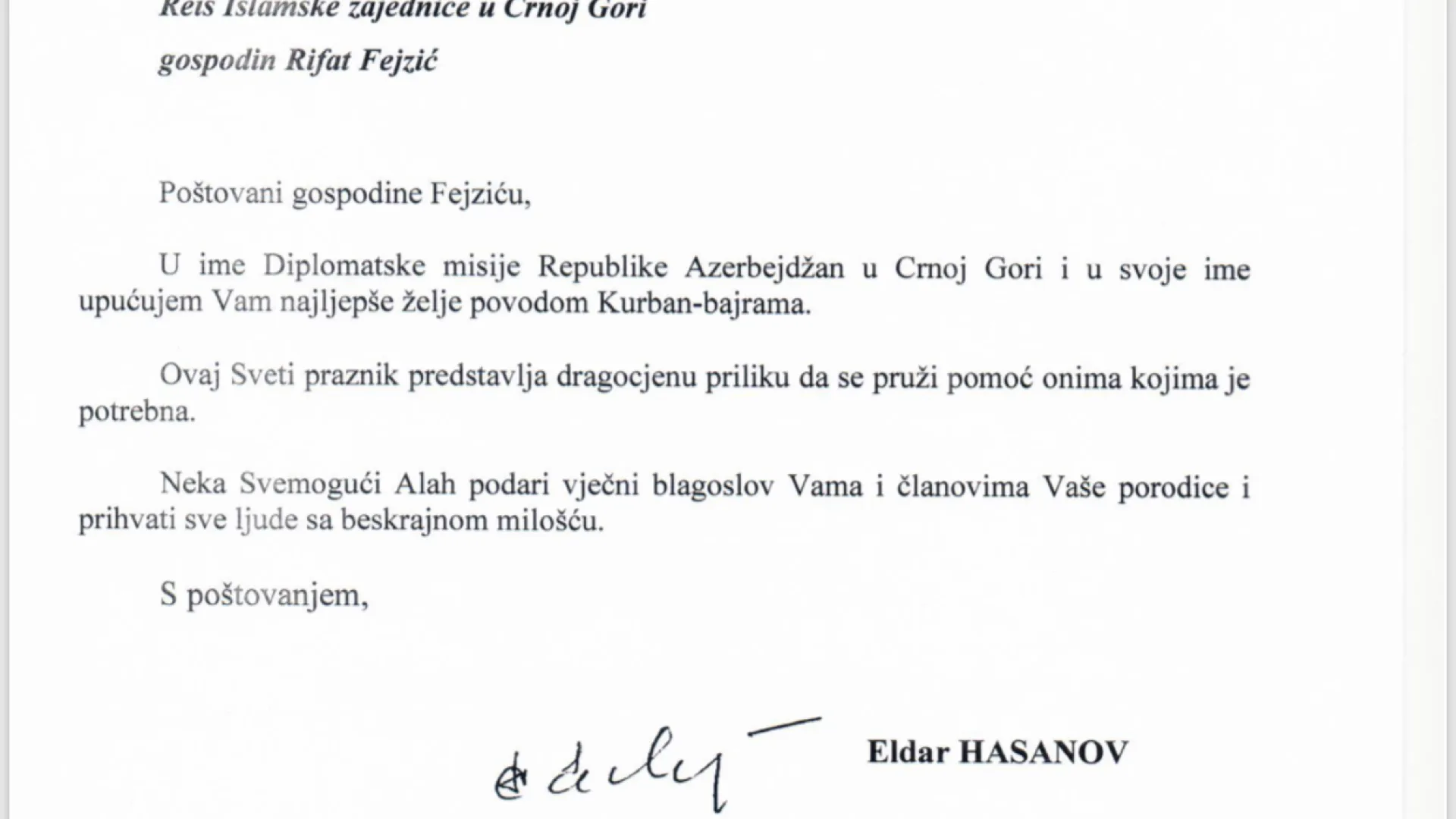 BAJRAMSKA ČESTITKA AMBASADORA AZERBEJDŽANA U CRNOJ GORI