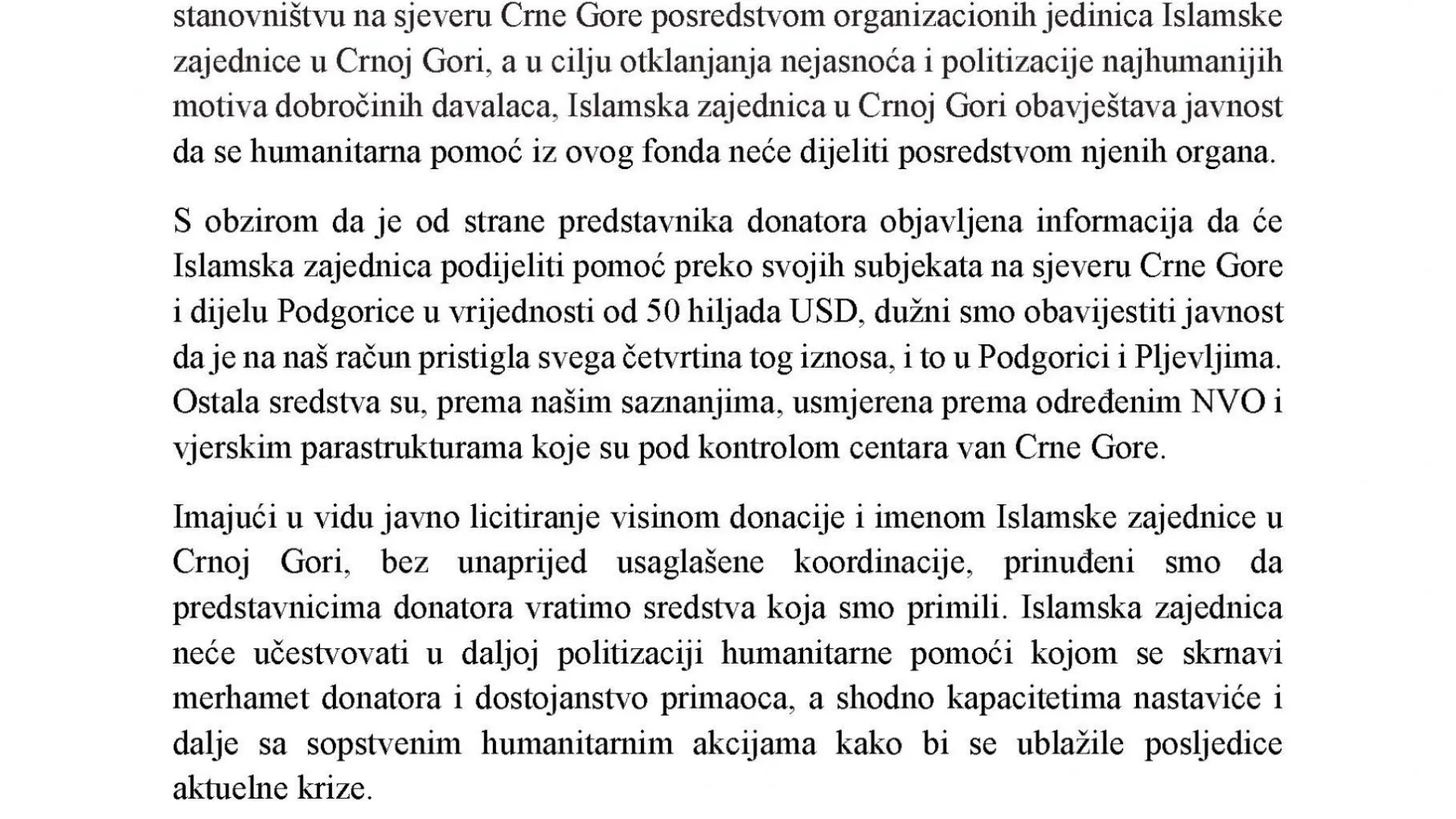 SAOPŠTENJE ZA JAVNOST