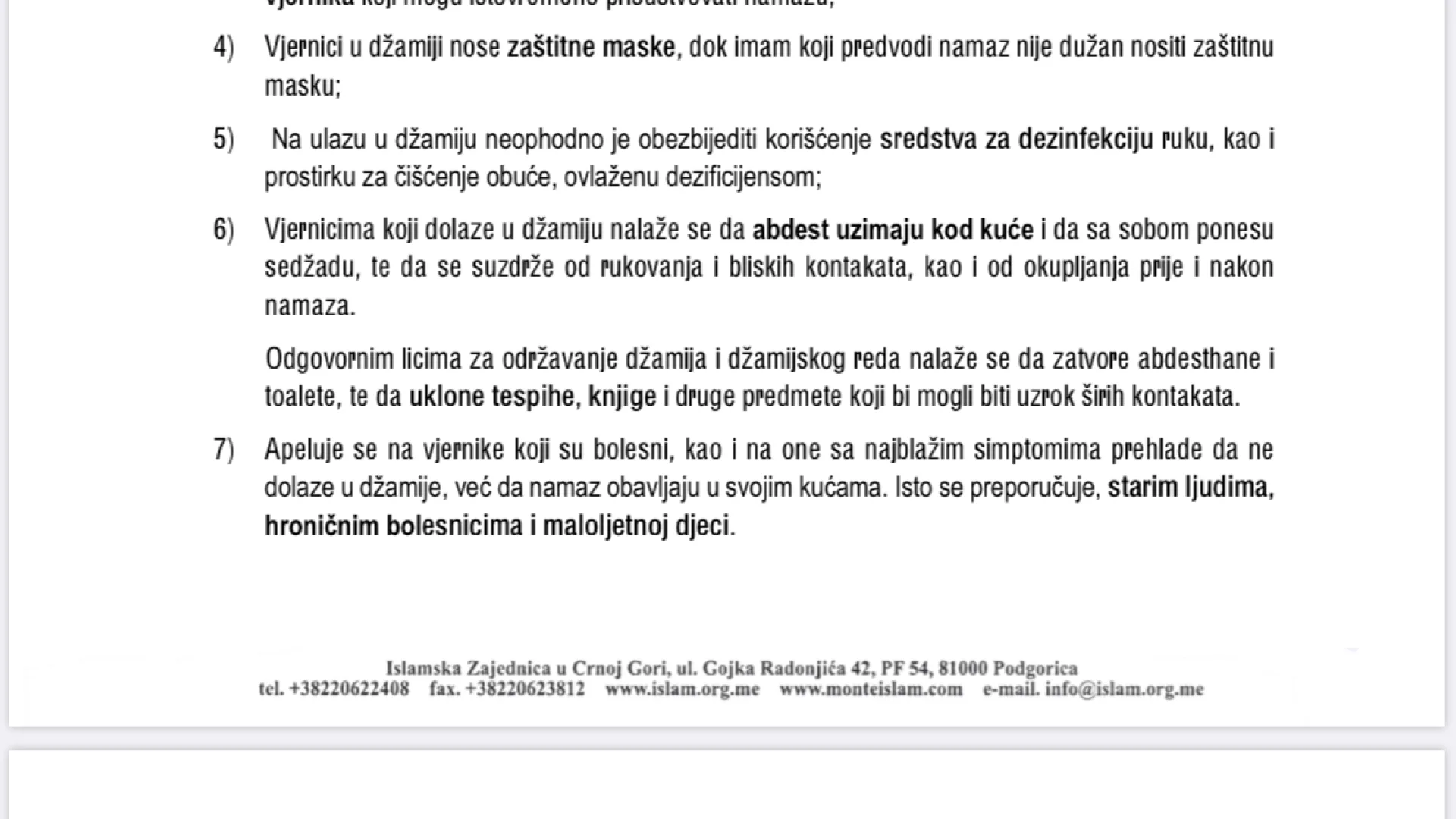 Odluka Mešihata o otvaranju džamija uz posebne mjere