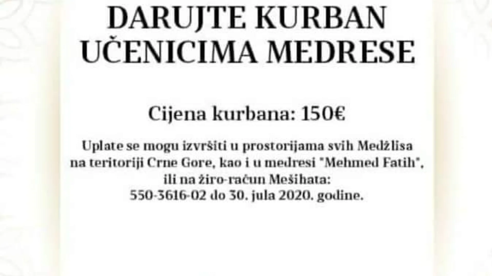 AKCIJA “DARUJTE KURBAN UČENICIMA MEDRESE”