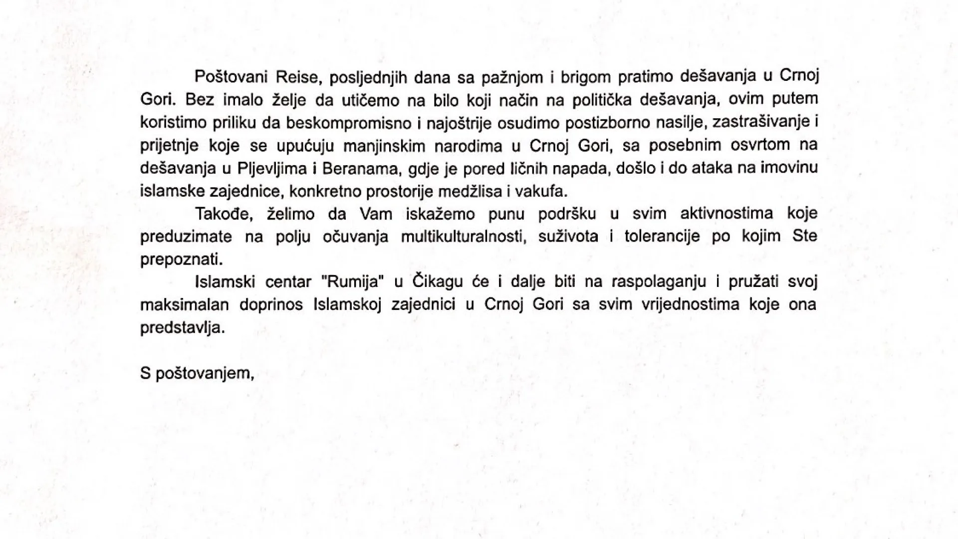 PODRŠKA ISLAMSKOG CENTRA “RUMIJA” IZ ČIKAGA