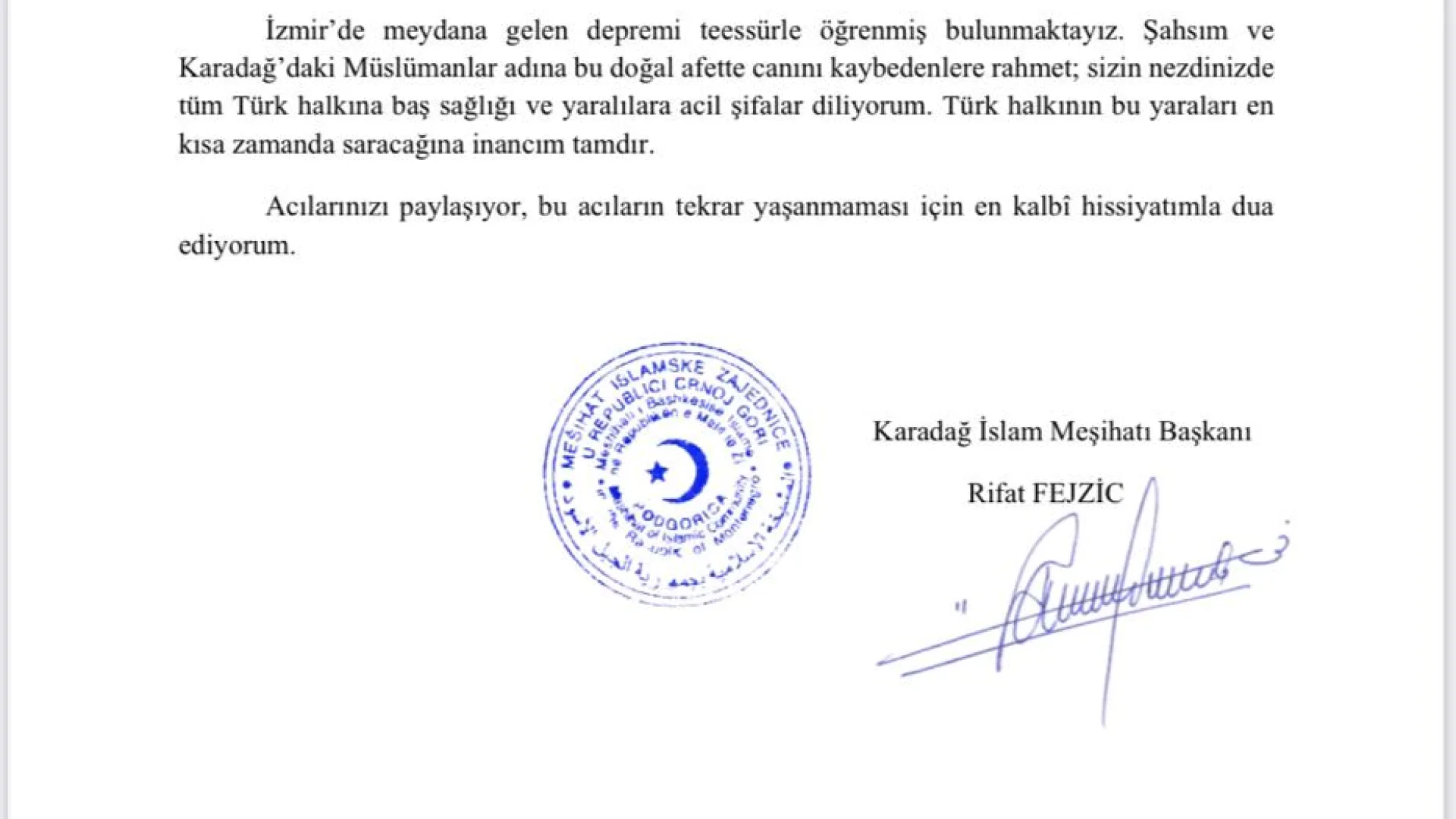 Reis Fejzić uputio hatername Ambasadi Republike Turske u Podgorici kao i turskom Reisu
