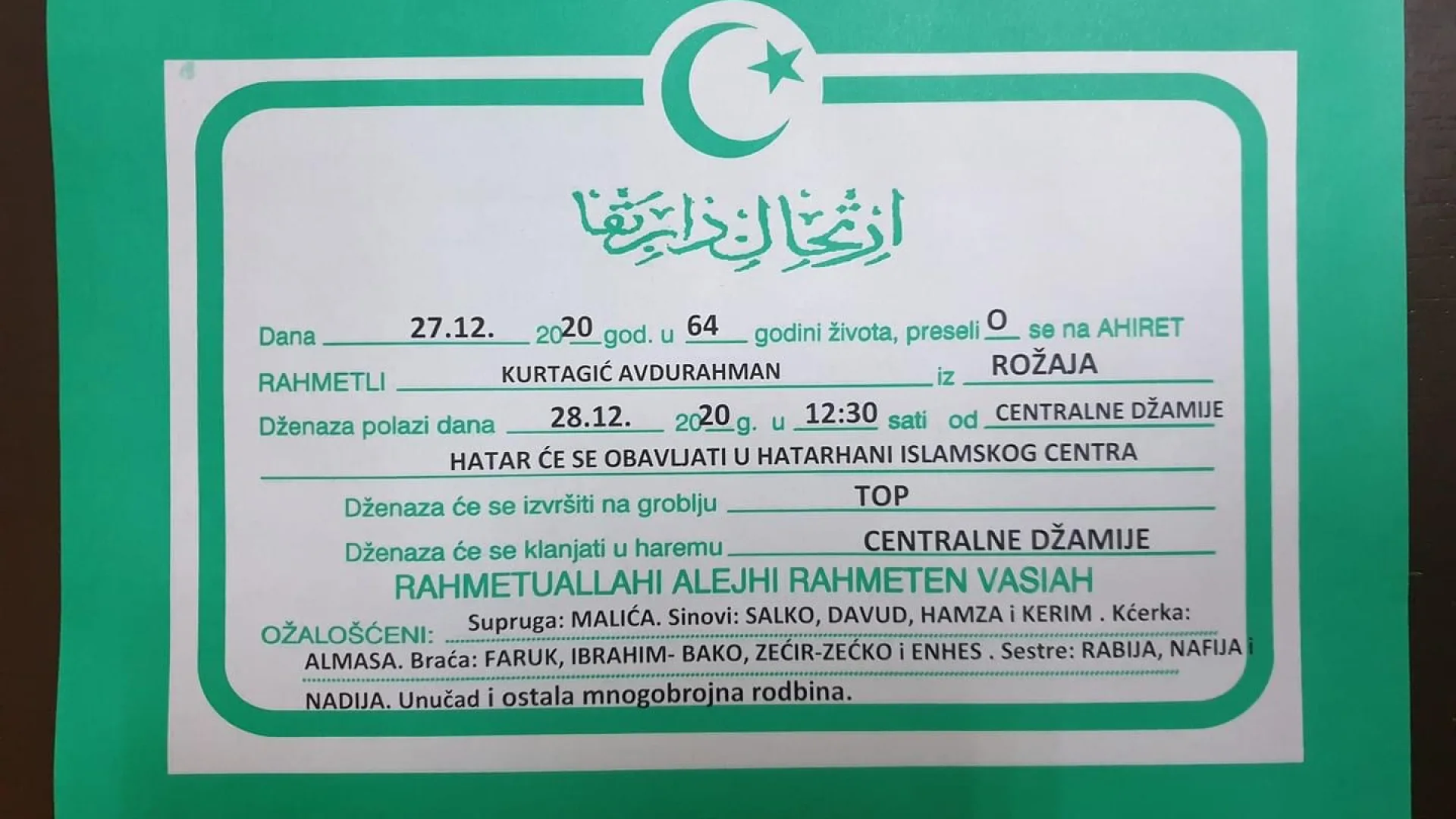 PRESELIO NA AHIRET AVDURAHMAN KURTAGIĆ, RADNIK MEDRESE U ROŽAJAMA