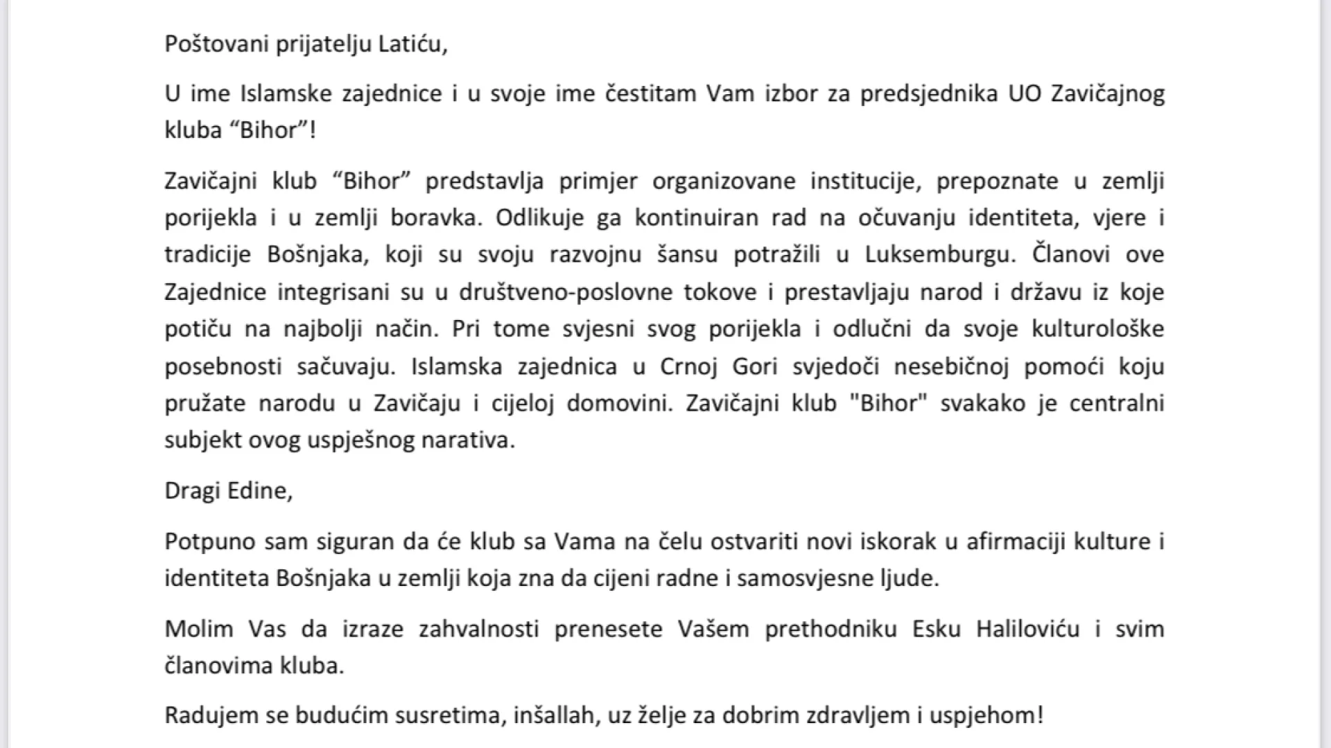 ČESTITKA REISA FEJZIĆA EDINU MEDU LATIĆU NOVOIZABRANOM PREDSJEDNIKU ZAVIČAJNOG KLUBA “BIHOR”