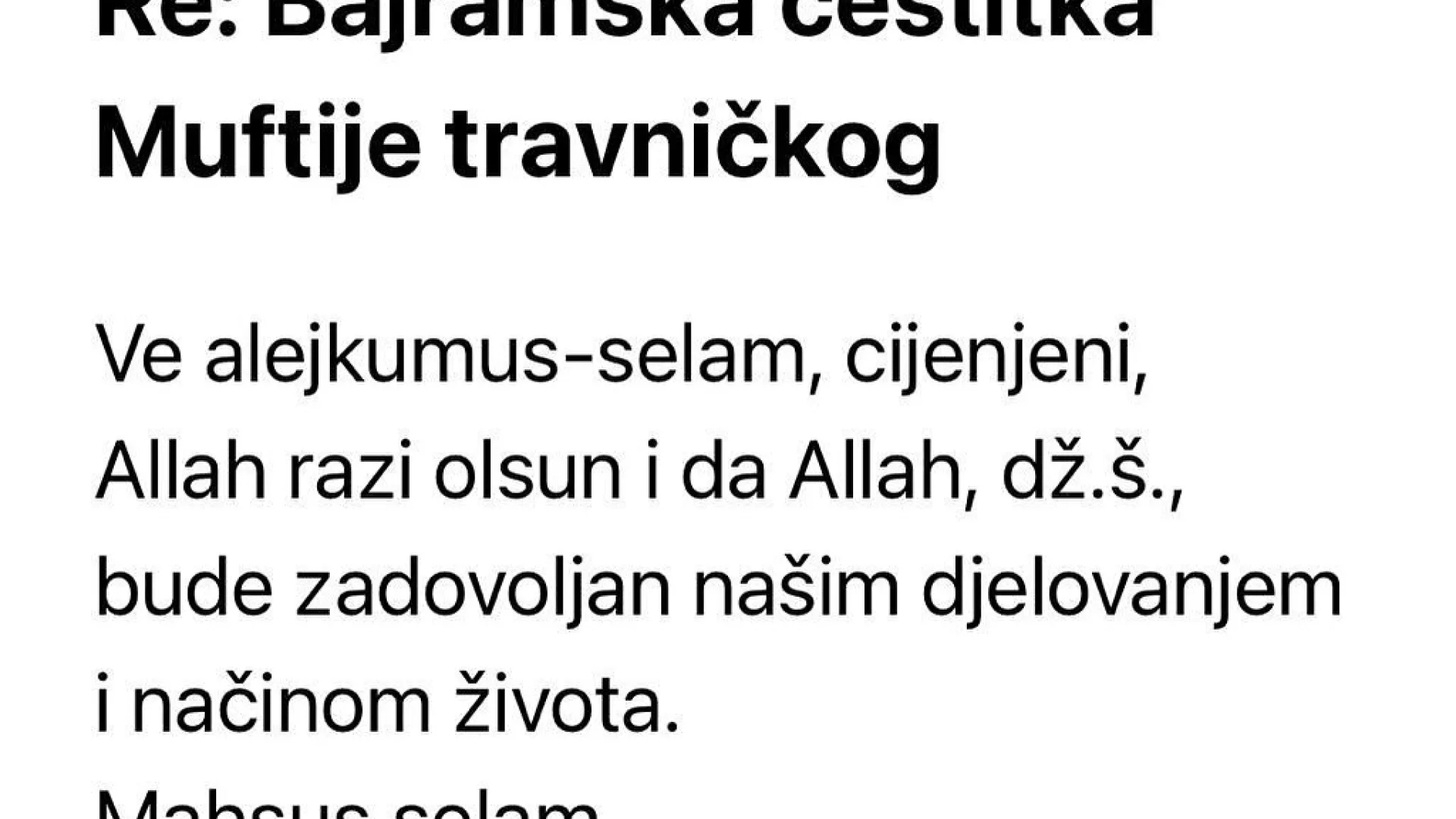 BAJRAMSKA ČESTITKA MUFTIJE TRAVNIČKOG