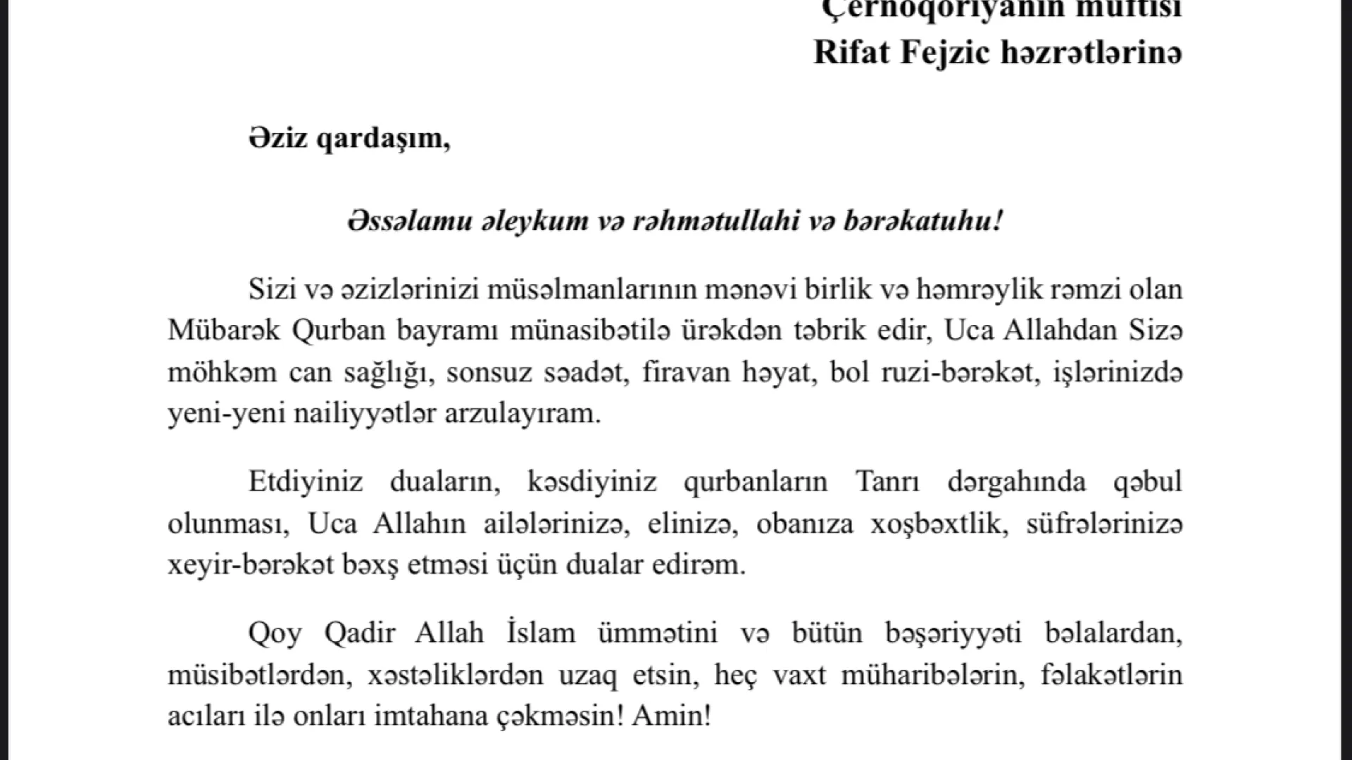 BAJRAMSKA ČESTITKA ŠEJHU-L-ISLAMA ISLAMSKE ZAJEDNICE ALŽIRA