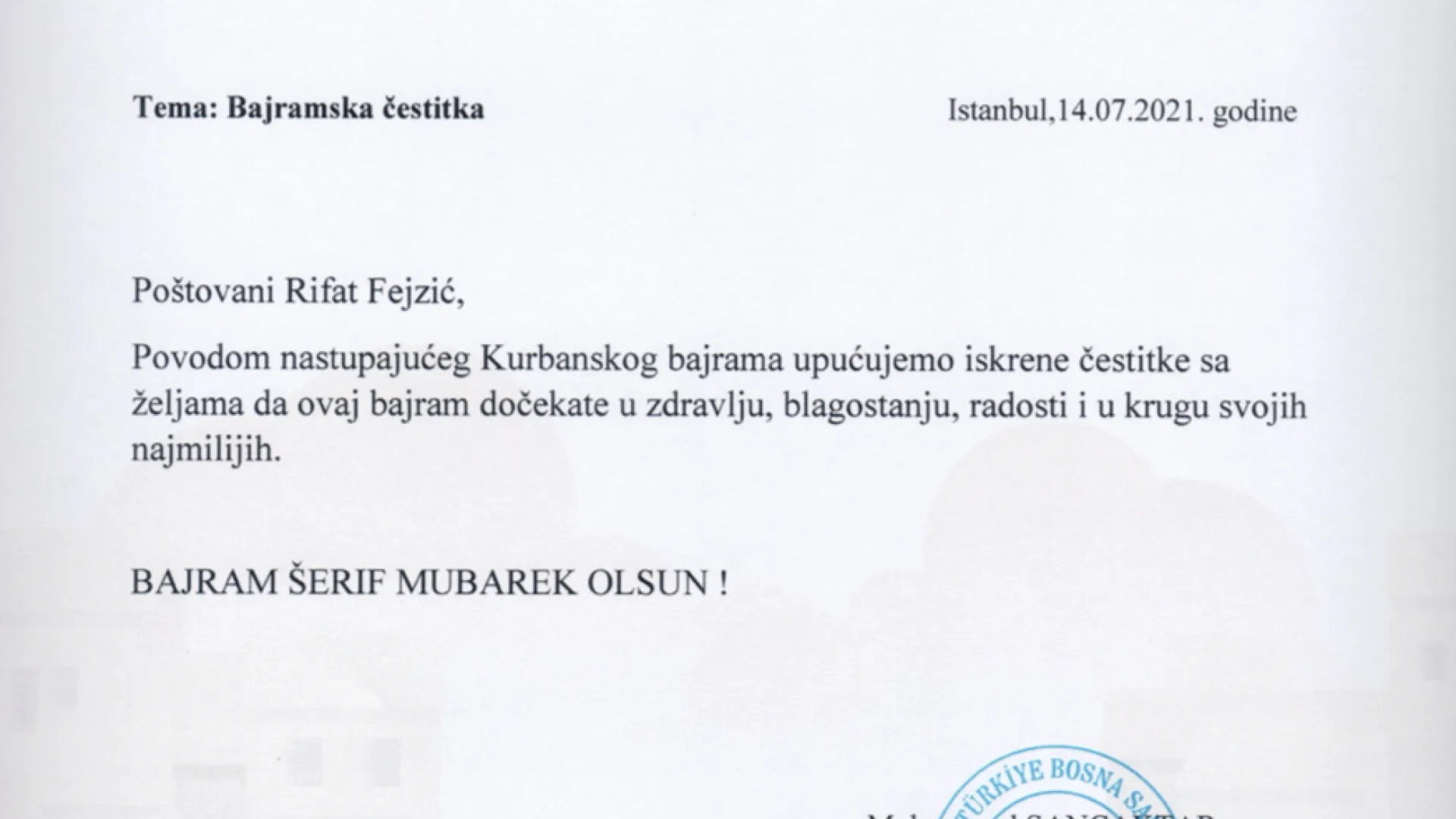 BAJRAMSKA ČESTITKA UDRUŽENJA TURSKA BOSNA SANDŽAK