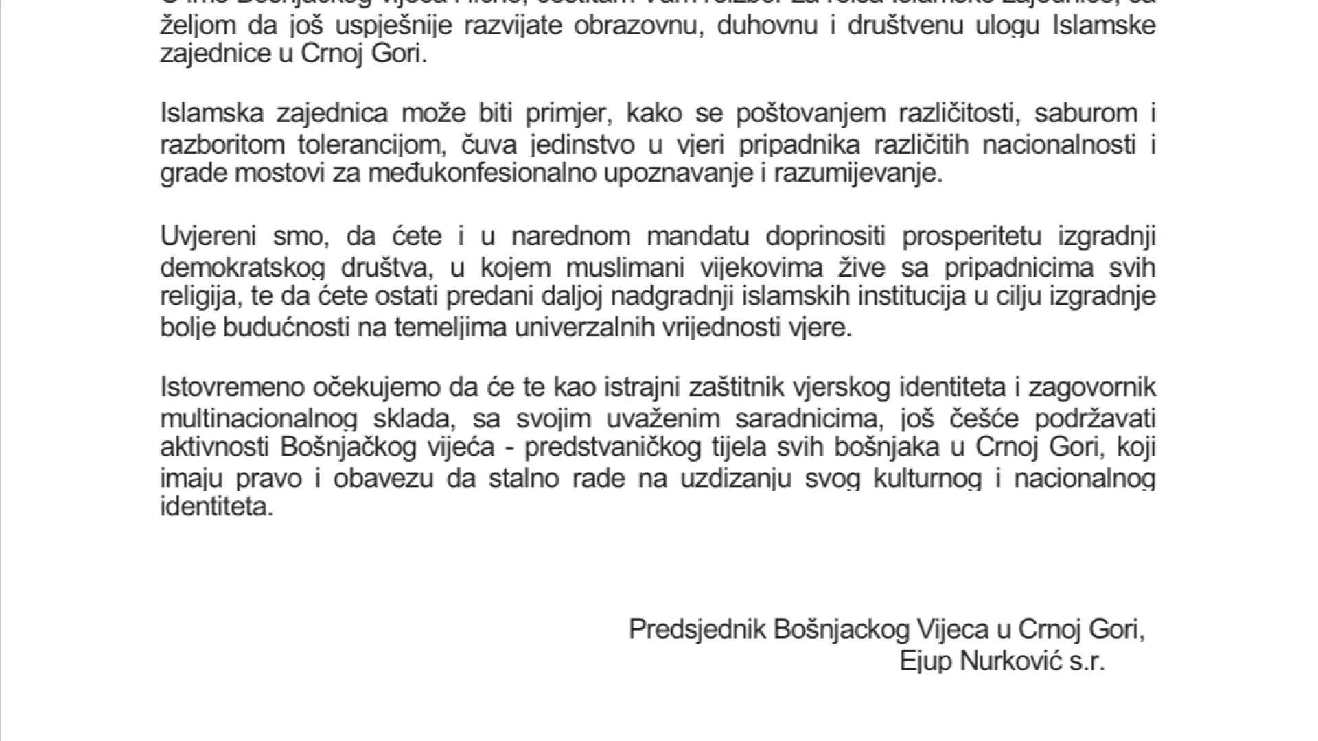 ČESTITKA BOŠNJAČKOG NACIONALNOG VIJEĆA U CRNOJ GORI
