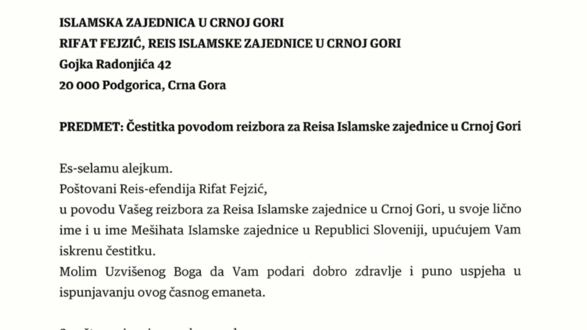 Čestitka muftije i Predsjednika Mešihata IZ-e u R. Sloveniji mr. Nevzeta Porića