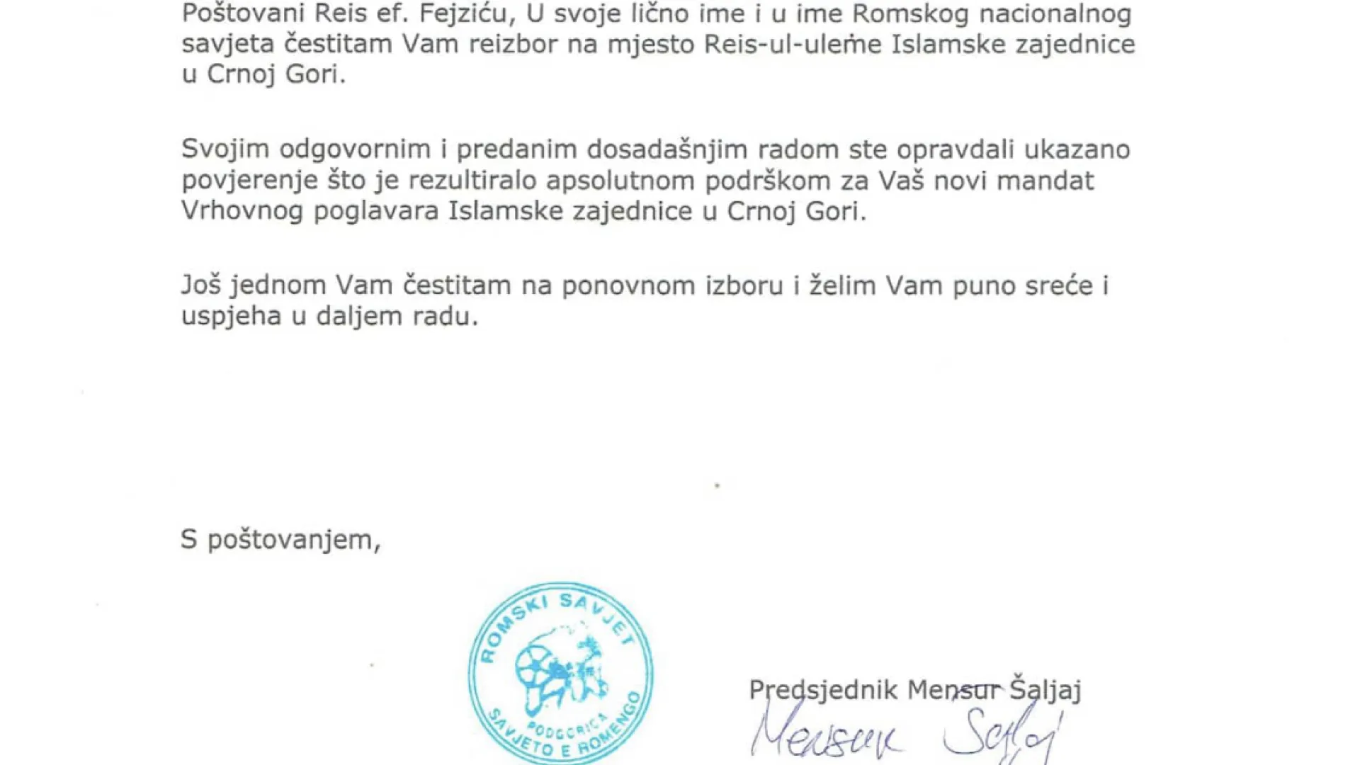 ČESTITKA ROMSKOG SAVJETA U CRNOJ GORI