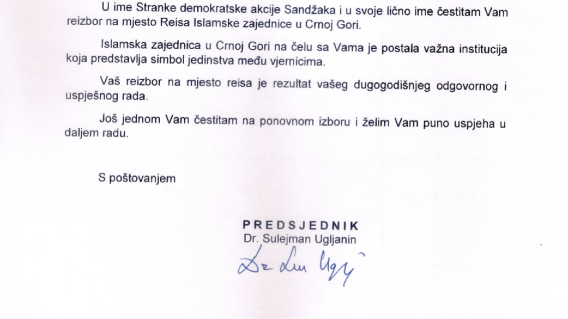 Čestitka predsjednika SDA Sandžaka dr Sulejmana Ugljanina