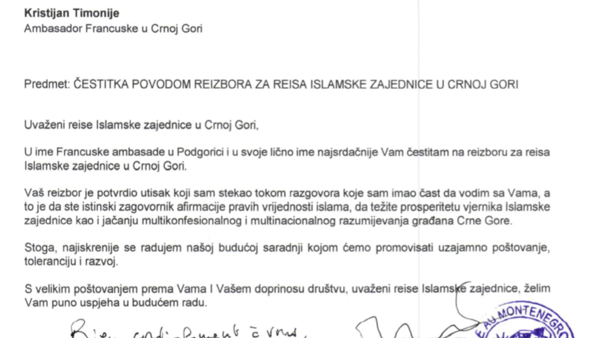 Pismo čestitke Nj.E. gospodina Kristijana Timonijea, ambasadora Republike Francuske
