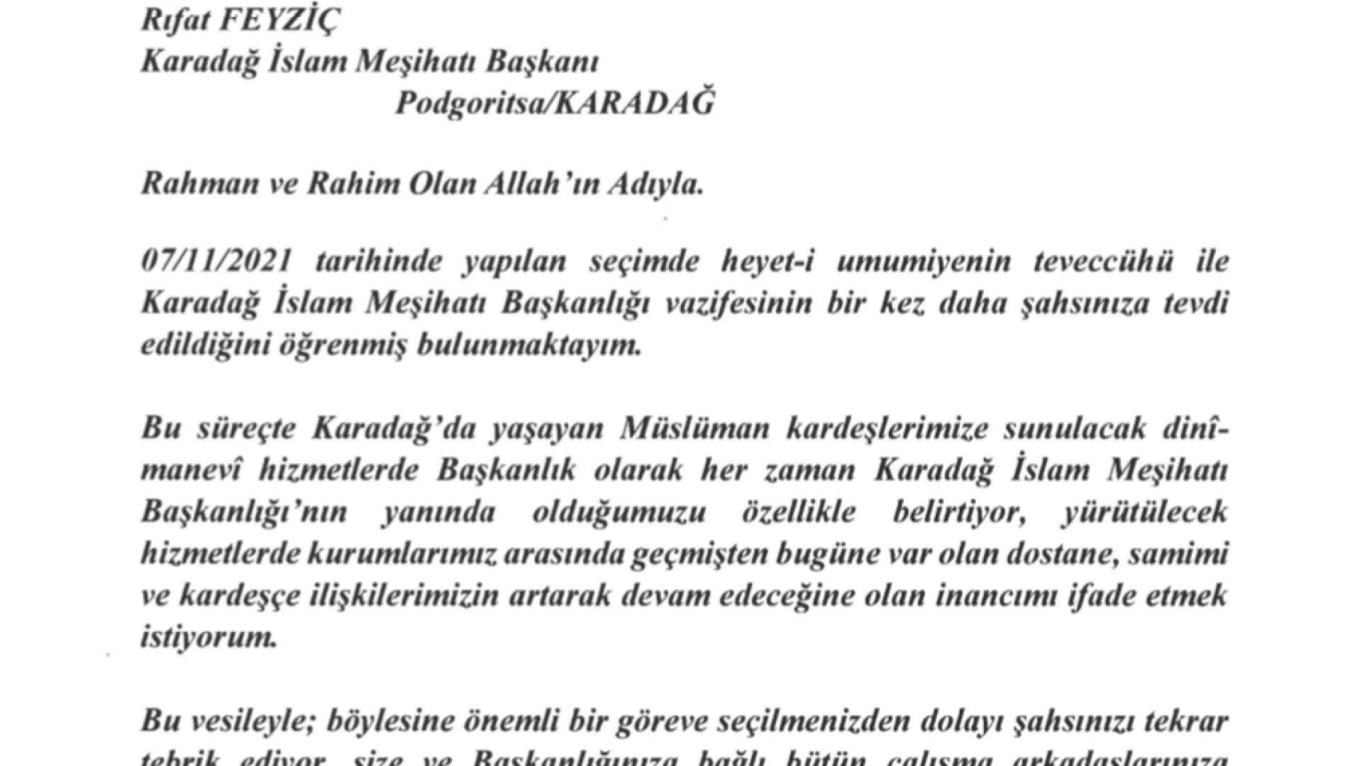 ČESTITKA REISA DIJANETA ISLAMSKE ZAJEDNICE TURSKE - DR. Ali ERBAŞ