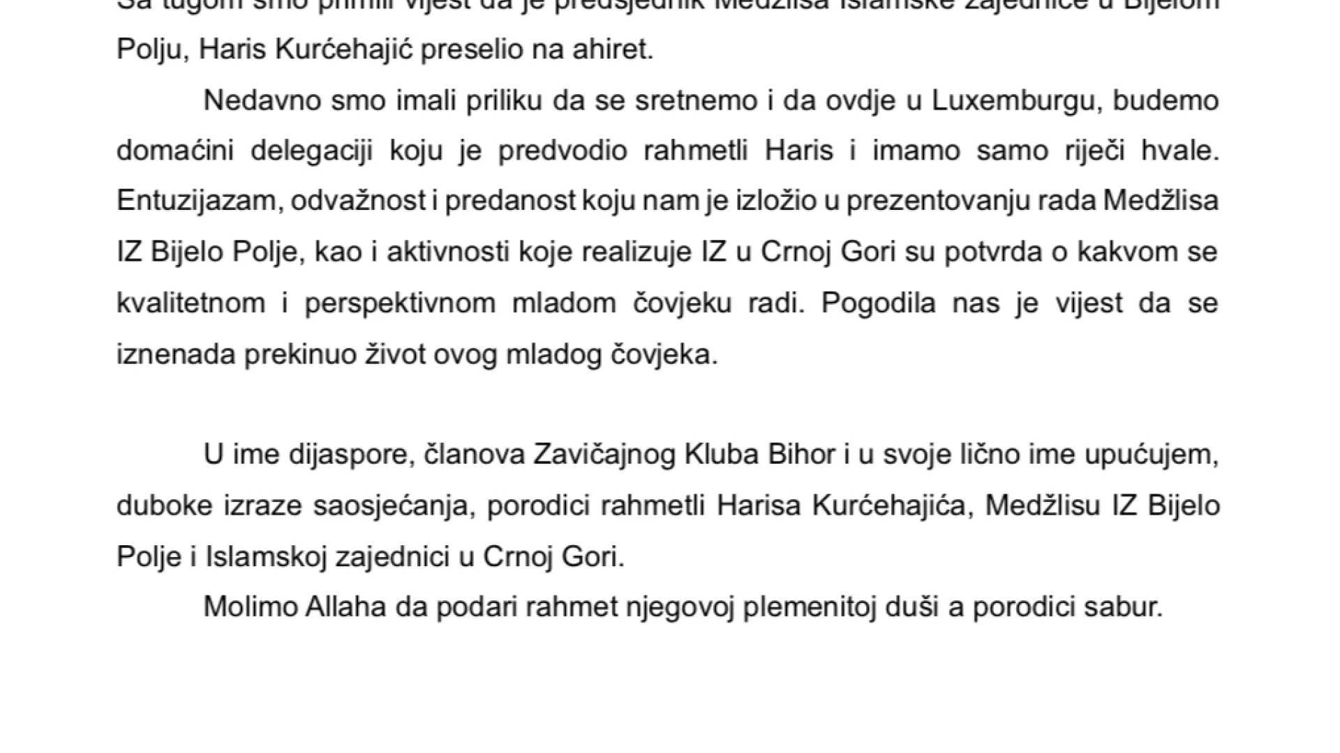 ZK “BIHOR” - Haternama povodom smrti Harisa Kurćehajića
