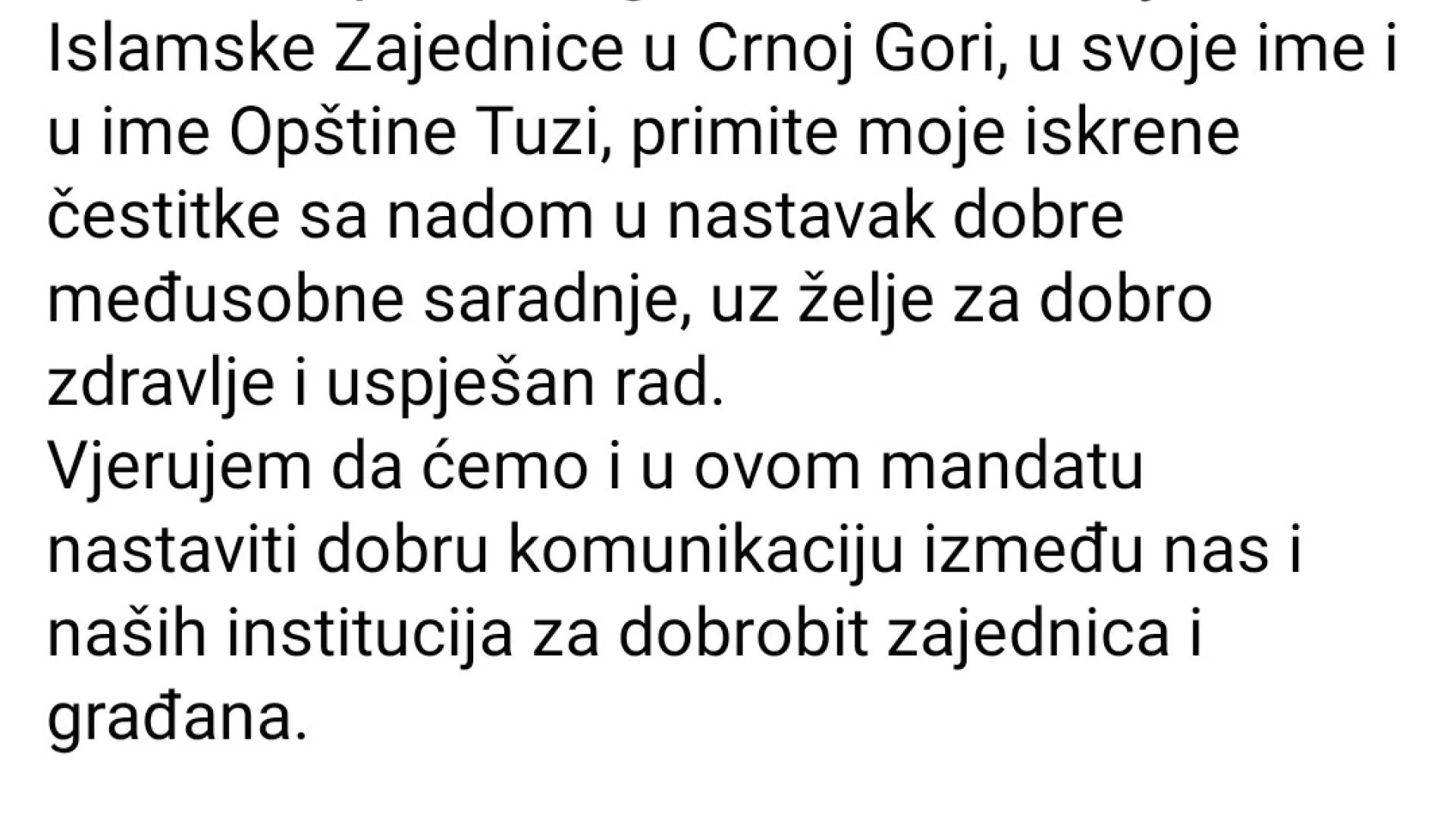 ČESTITKA PREDSJEDNIKA OPŠTINE TUZI GOSP. NIKA ĐELJOŠAJA