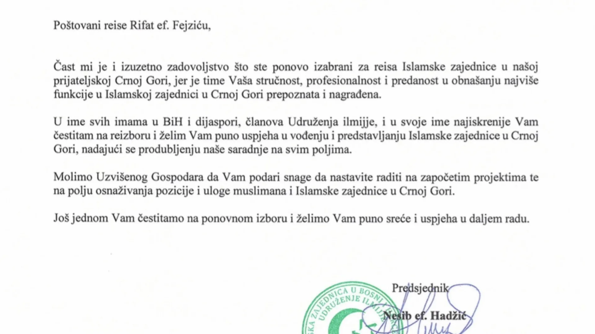 ČESTITKA UDRUŽENJA “ILMIJE” REISU FEJZIĆU