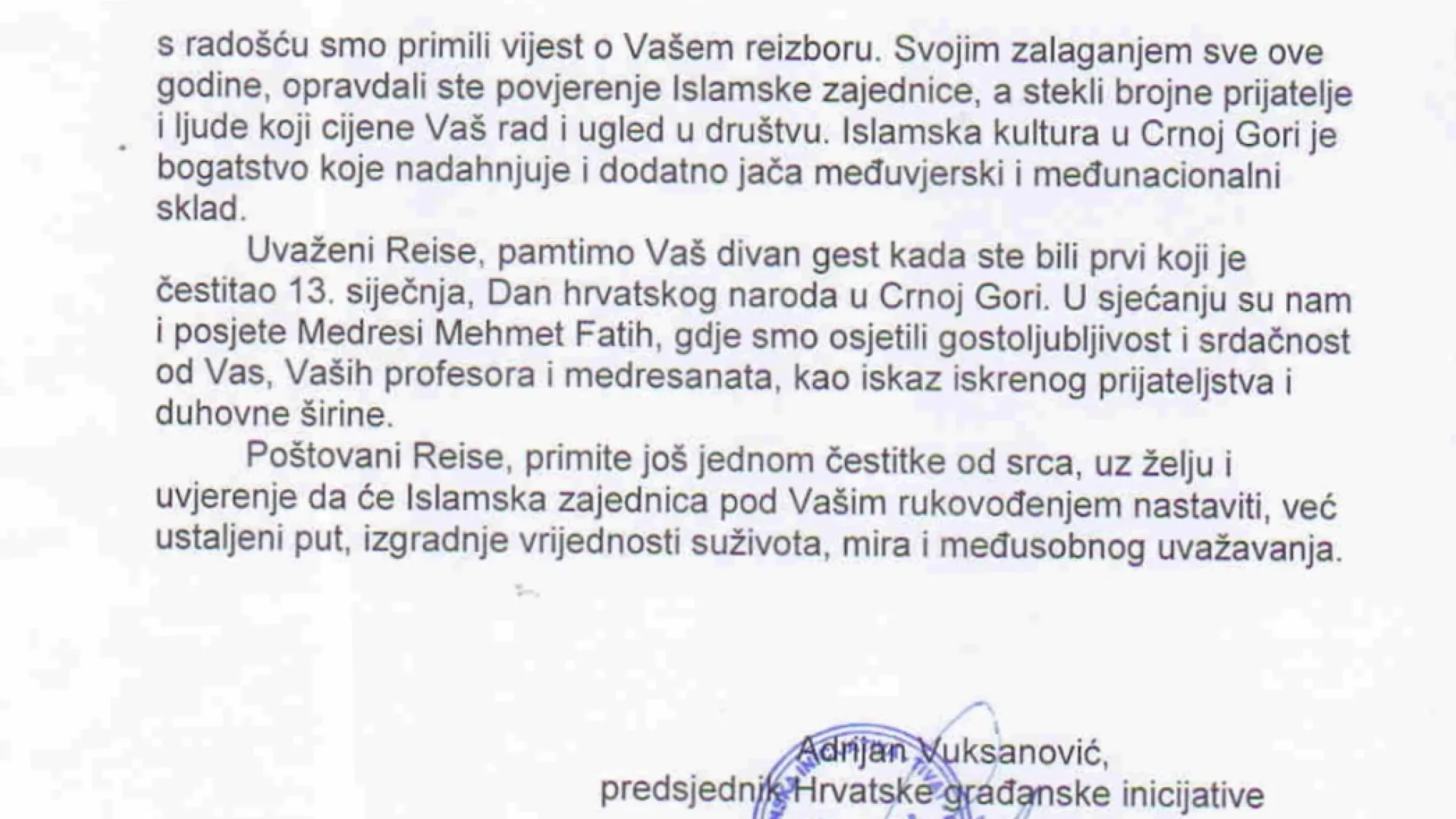 ČESTITKA REISU FEJZIĆU OD HGI TIVAT