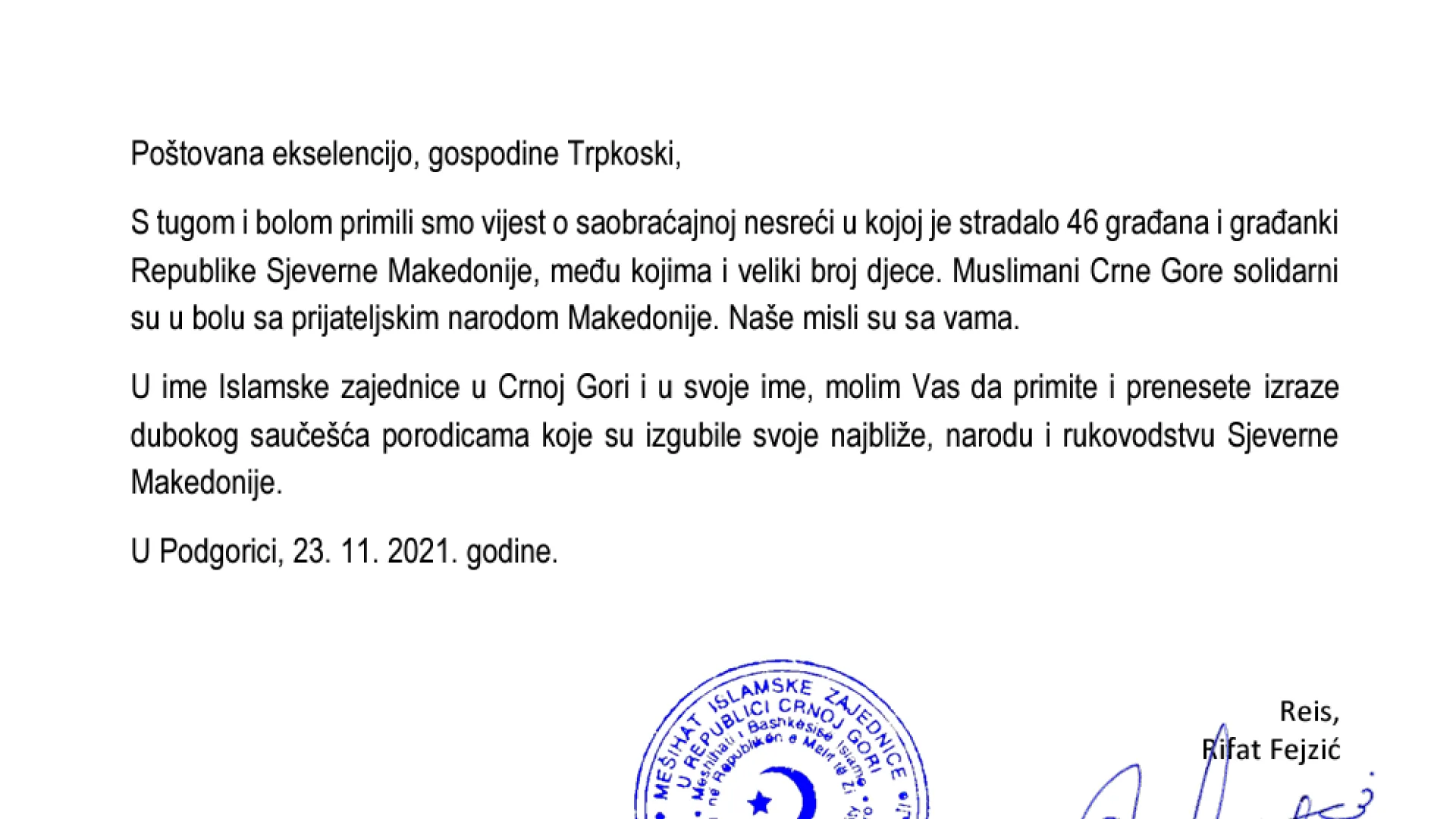 Reis Islamske zajednice u Crnoj Gori uputio haternamu narodu Makedonije