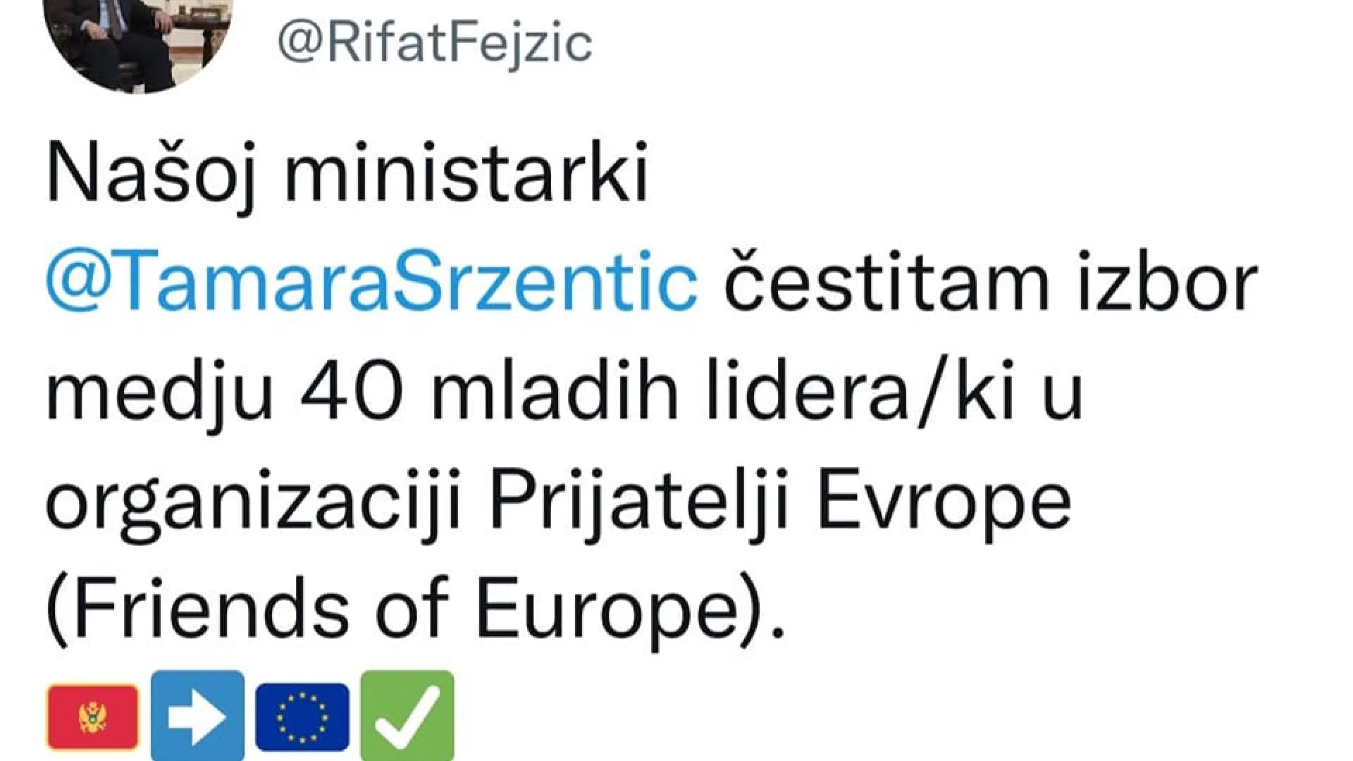 REIS FEJZIĆ ČESTITAO MINISTARKI SRZENTIĆ IZBOR ZA MLADOG LIDERA