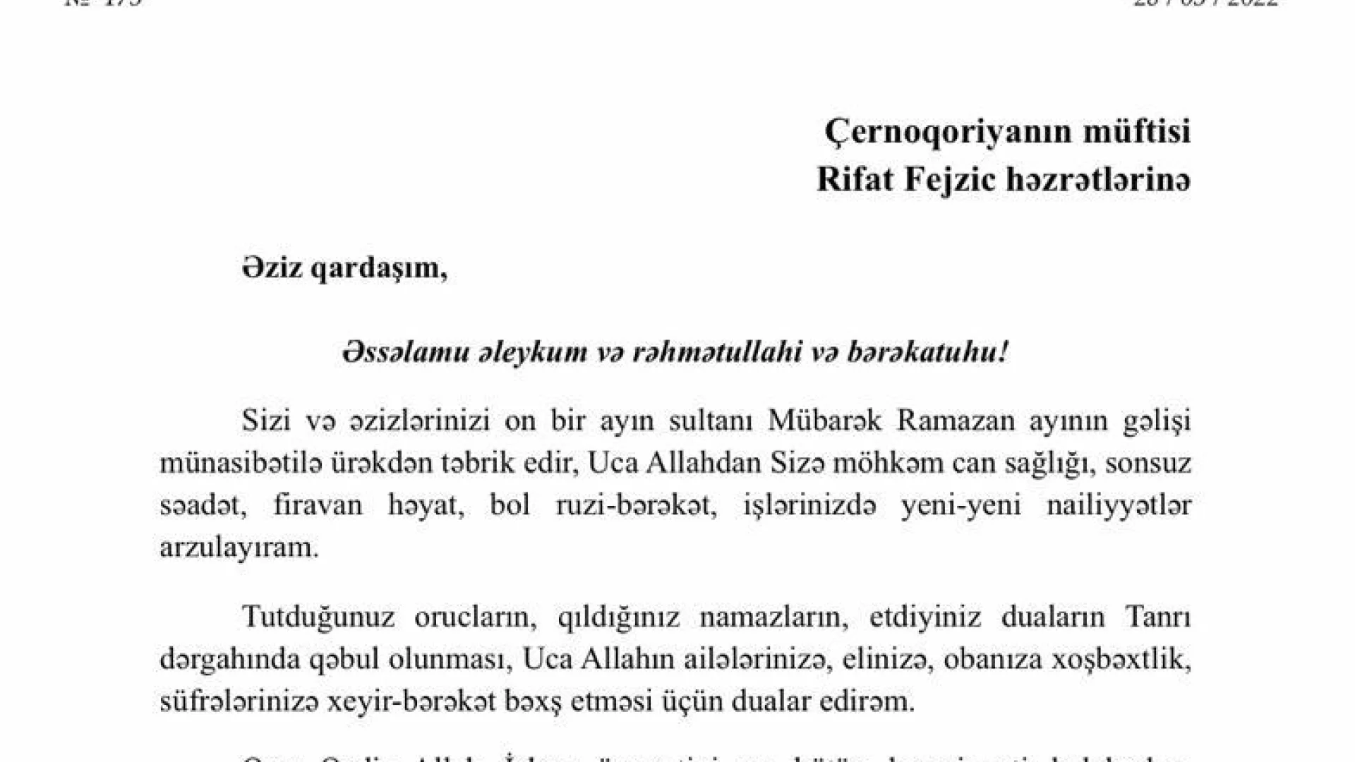 RAMAZANSKA ČESTITKA ISLAMSKE ZAJEDNICE KAVKAZA