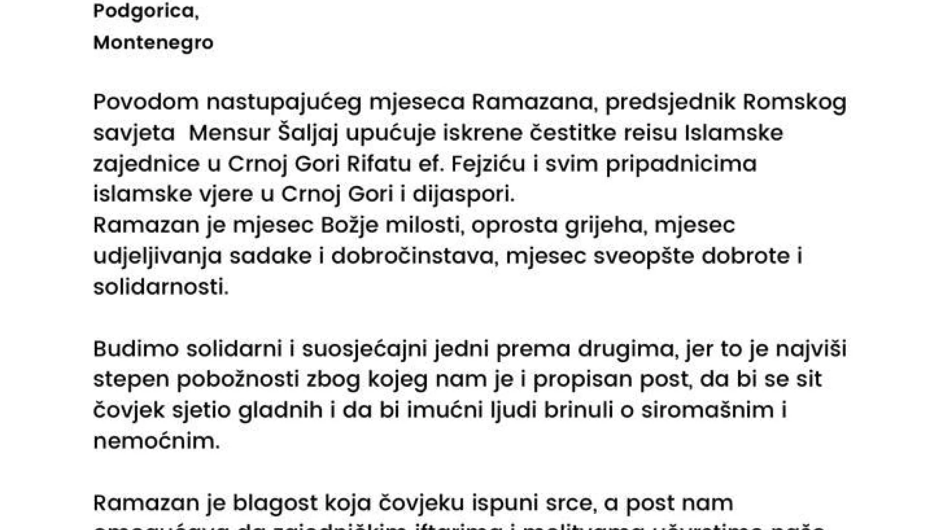 RAMAZANSKA ČESTITKA ROMSKOG SAVJETA U CG