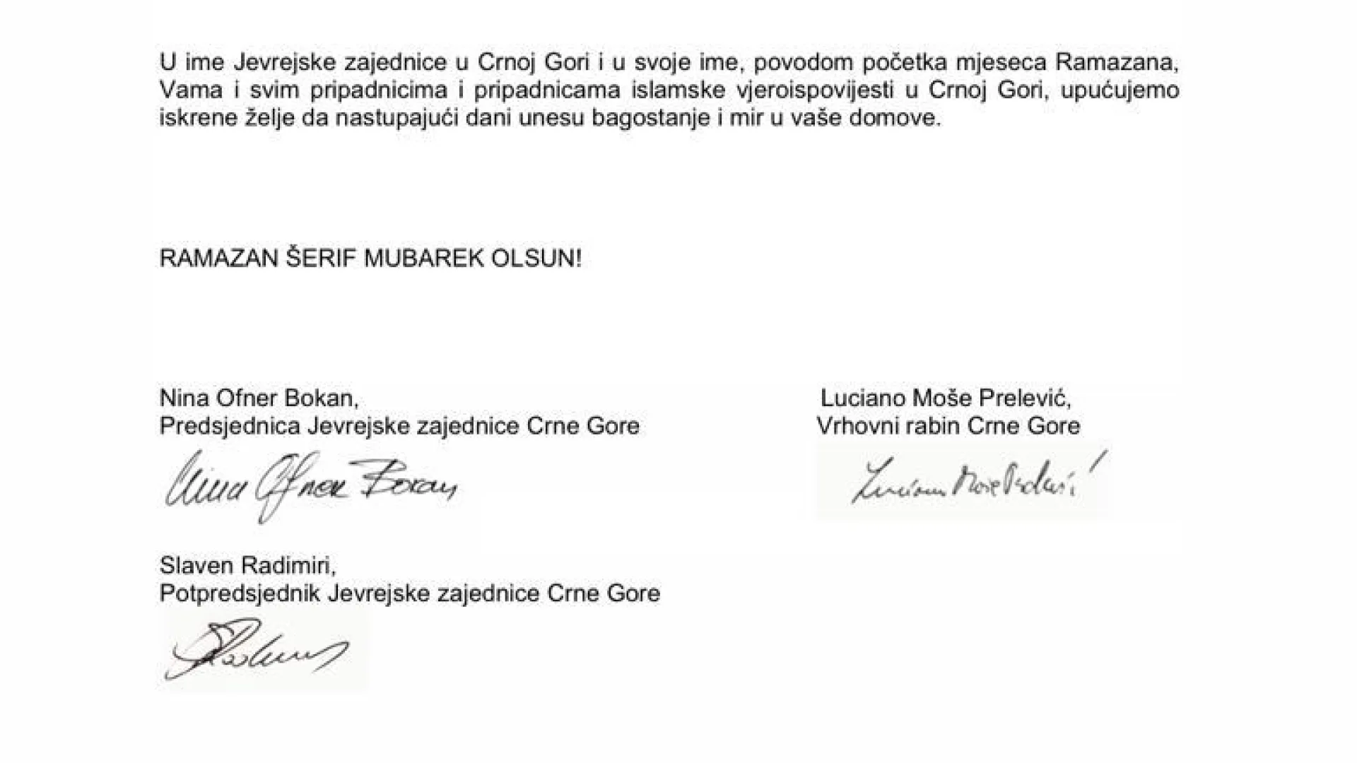 RAMAZANSKA ČESTITKA JEVREJSKE ZAJEDNICE U CG