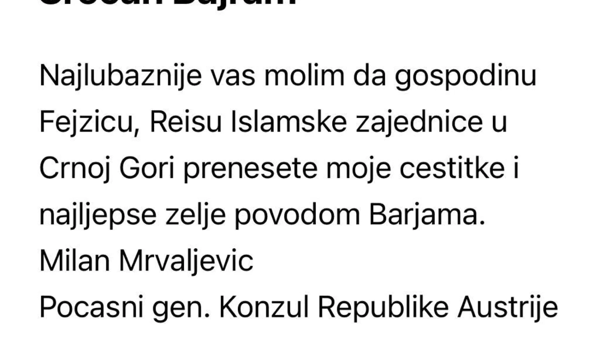 BAJRAMSKA ČESTITKA - Počasni gen. Konzul Republike Austrije u Crnoj Gori
