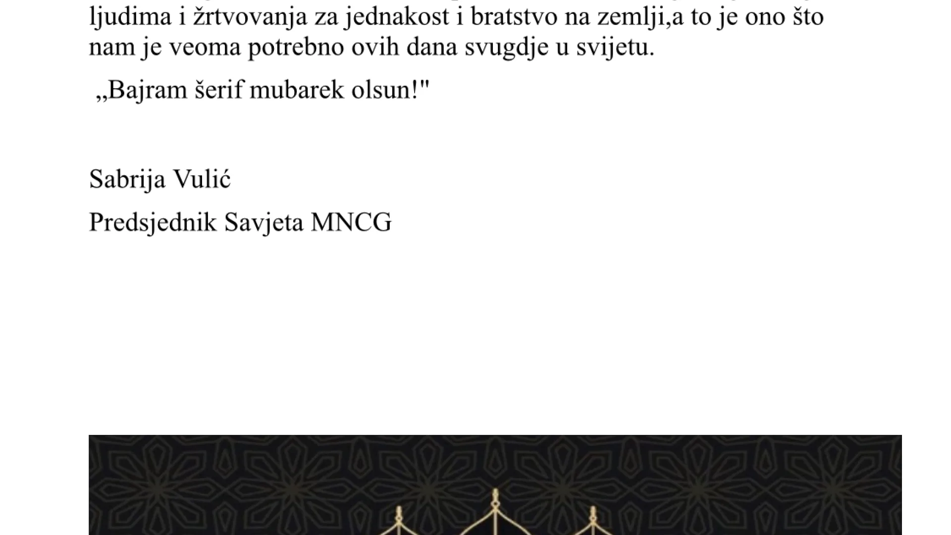 BAJRAMSKA ČESTITKA SAVJETA MUSLIMANSKOG NARODA CRNE GORE