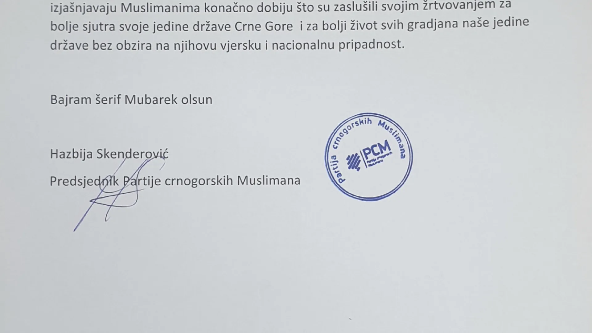 BAJRAMSKA ČESTITKA PARTIJE CRNOGORSKIH MUSLIMANA