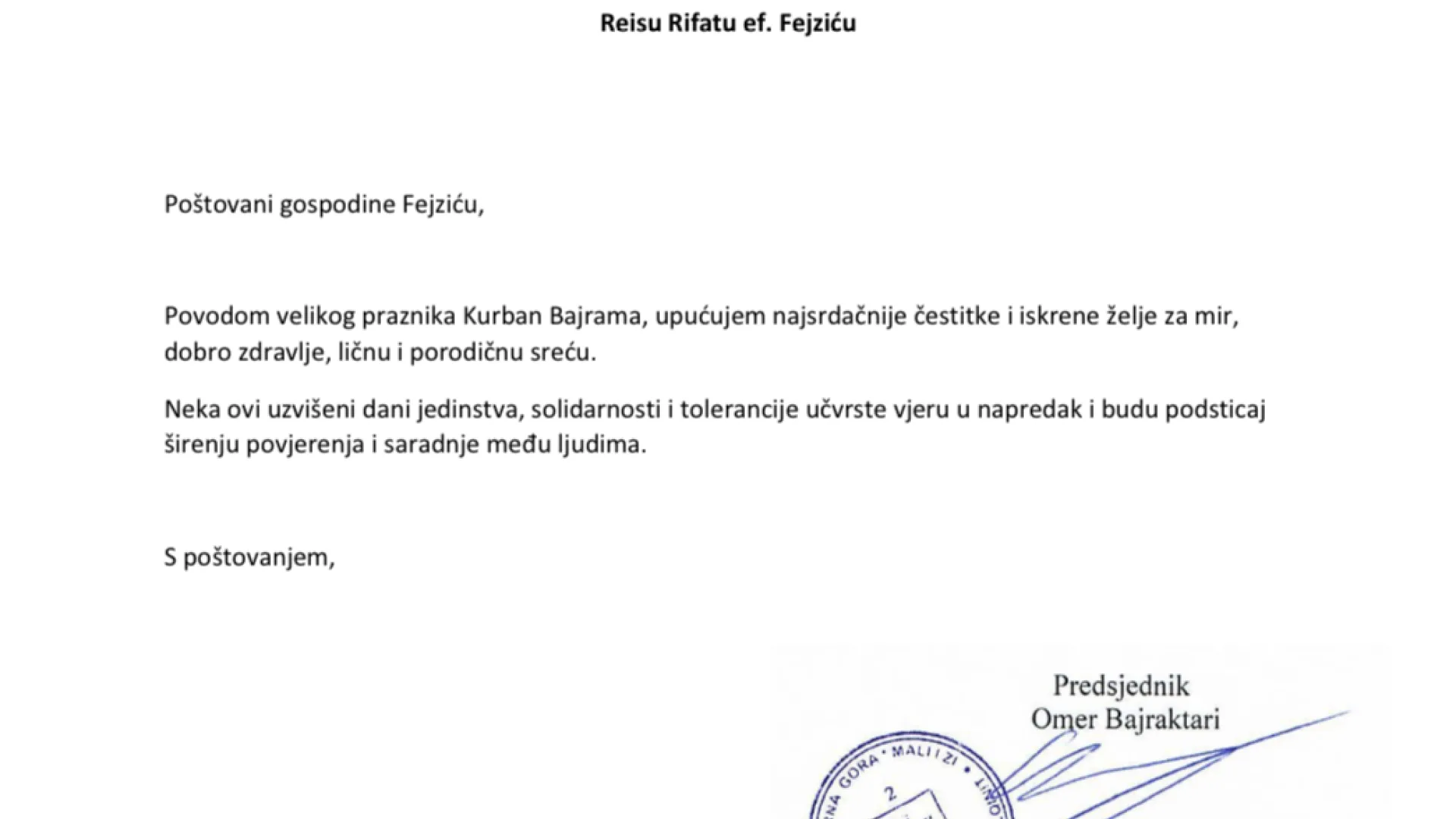 BAJRAMSKA ČESTITKA PREDSJEDNIKA OPŠTINE ULCINJ