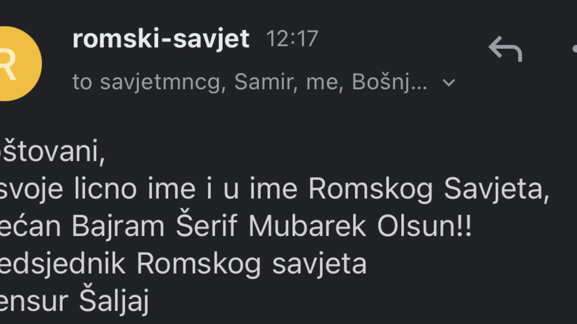 BAJRAMSKA ČESTITKA ROMSKOG SAVJETA