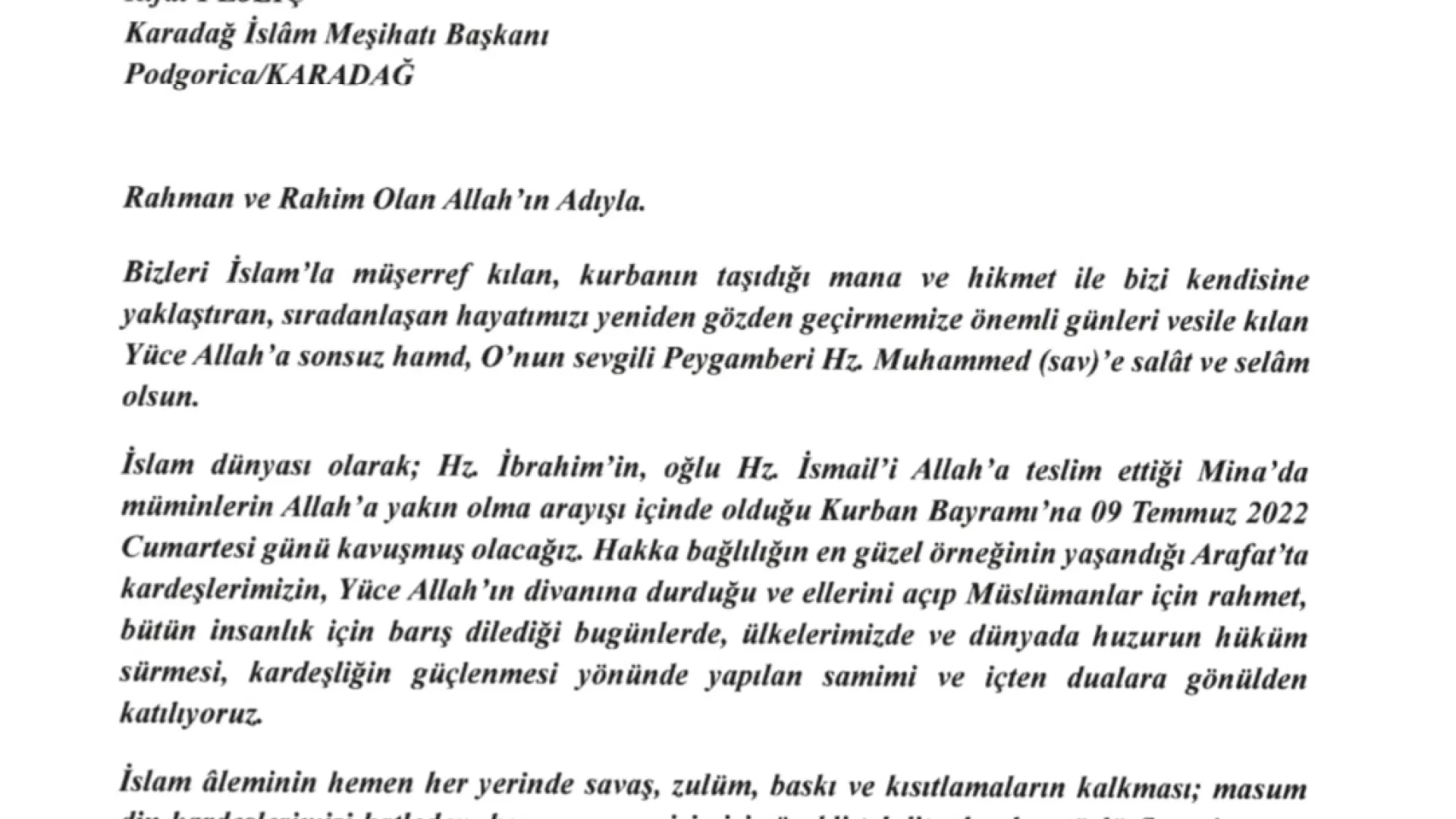 BAJRAMSKA ČESTITKA POGLAVARA MUSLIMANA REPUBLIKE TURSKE