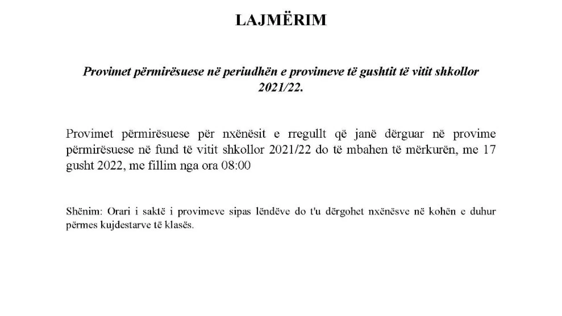 OBAVJEŠTENJEPopravni ispiti u avgustovskom ispitnom roku školske 2021/22. godine