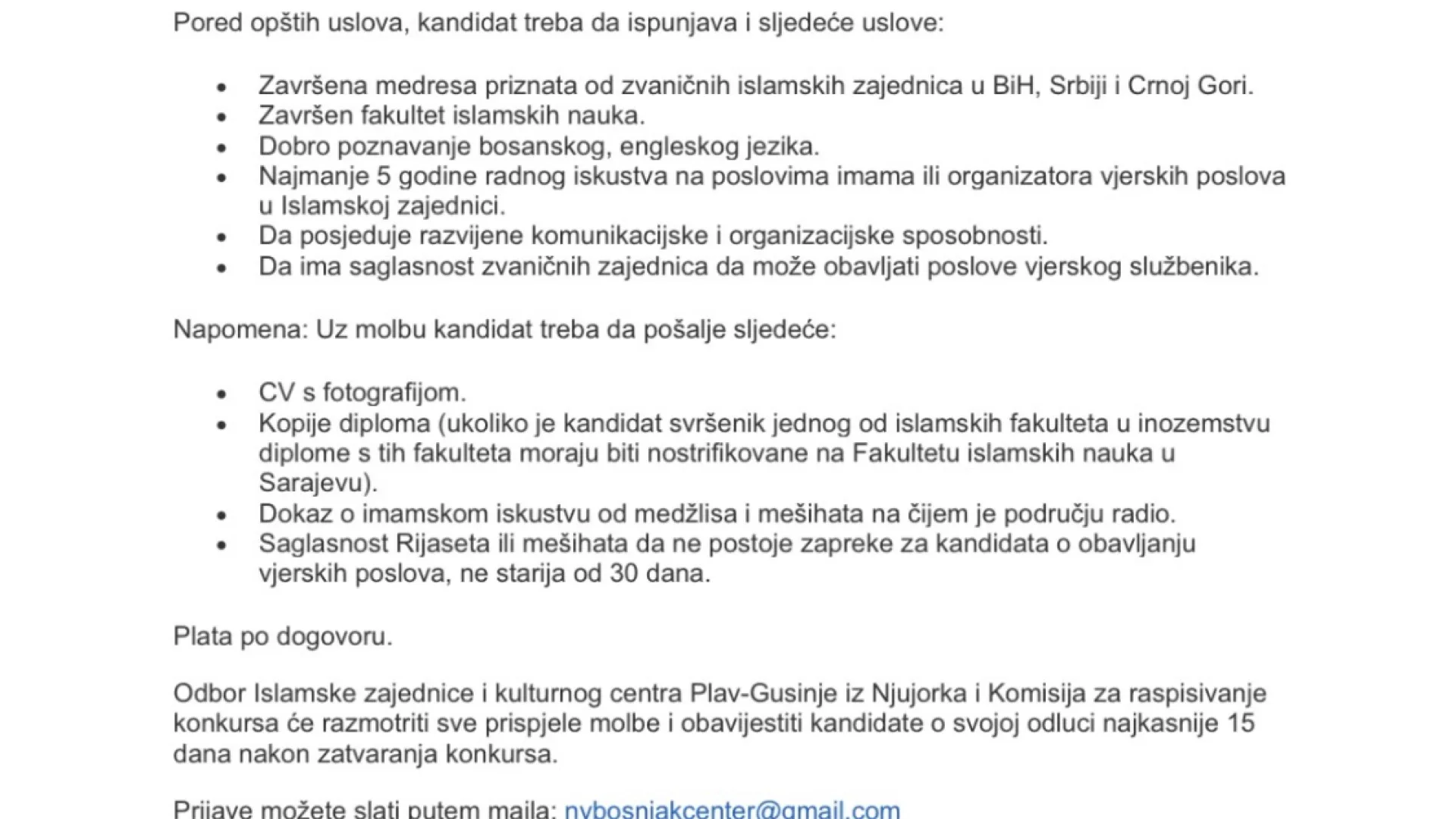 K O N K U R S za prijem imama, hatiba i muallima u džematu "Ali- Pašine" džamije u Astoriji i Bošnjačkom islamskom kulturnom centru na Richmond Hill-u