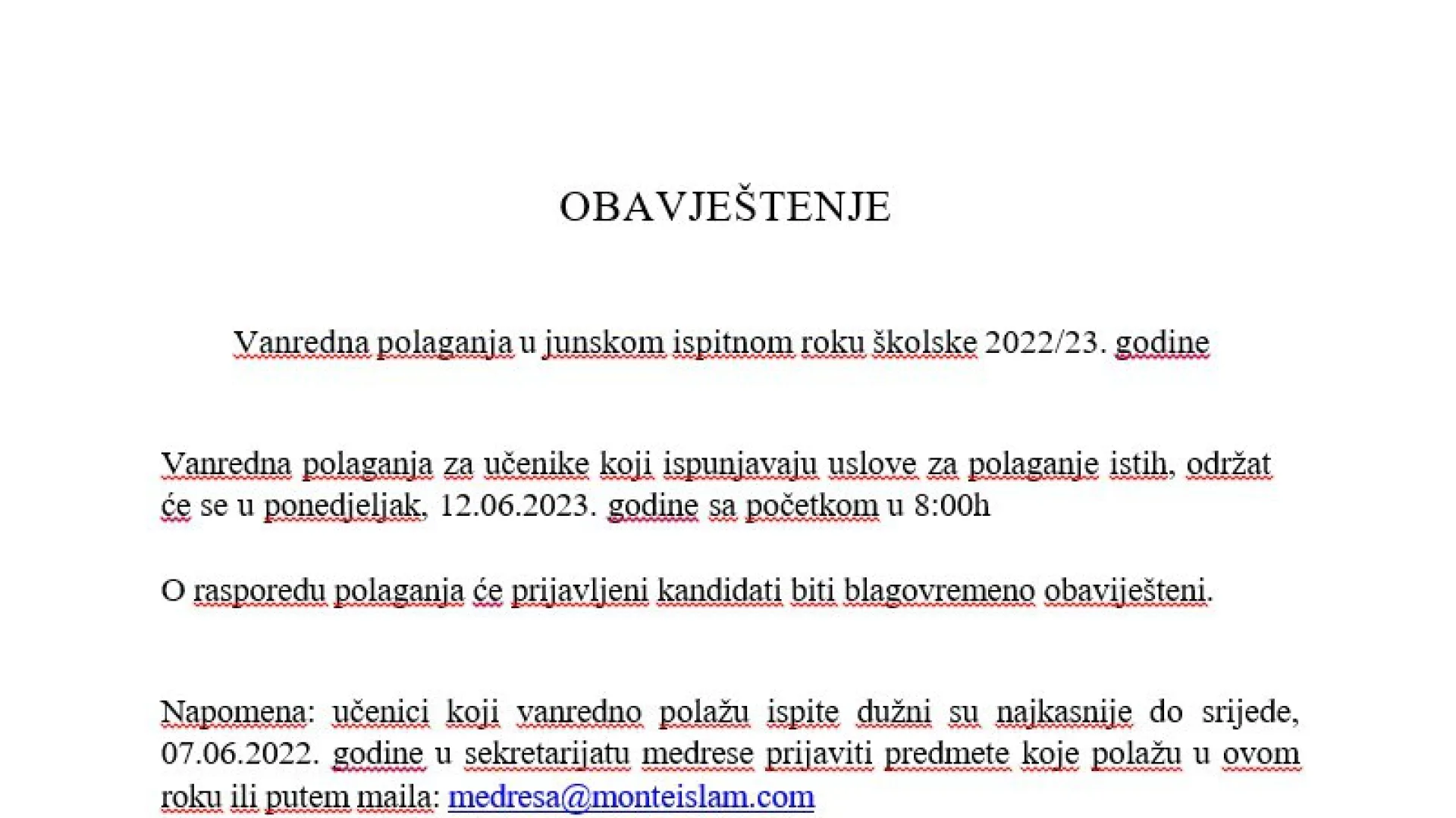 OBAVJEŠTENJE