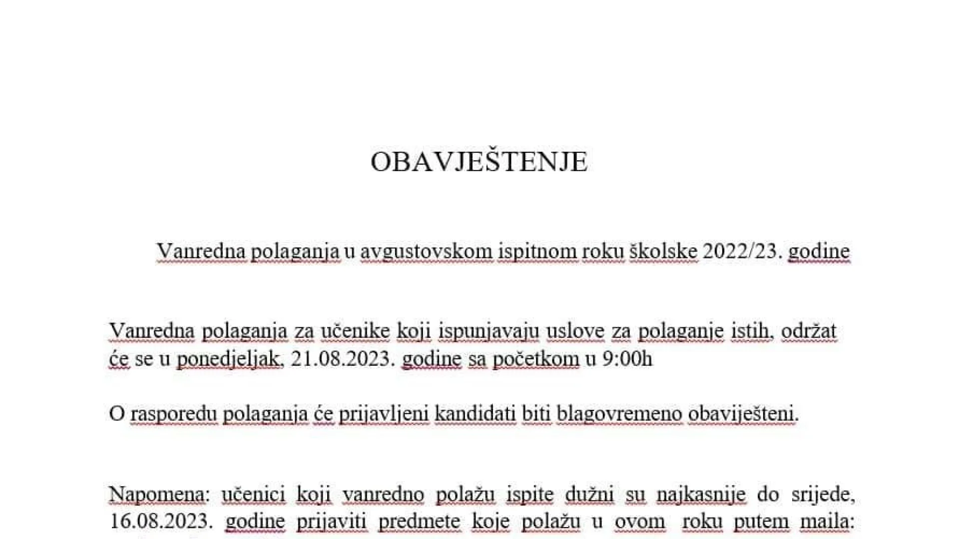 OBAVJEŠTENJE